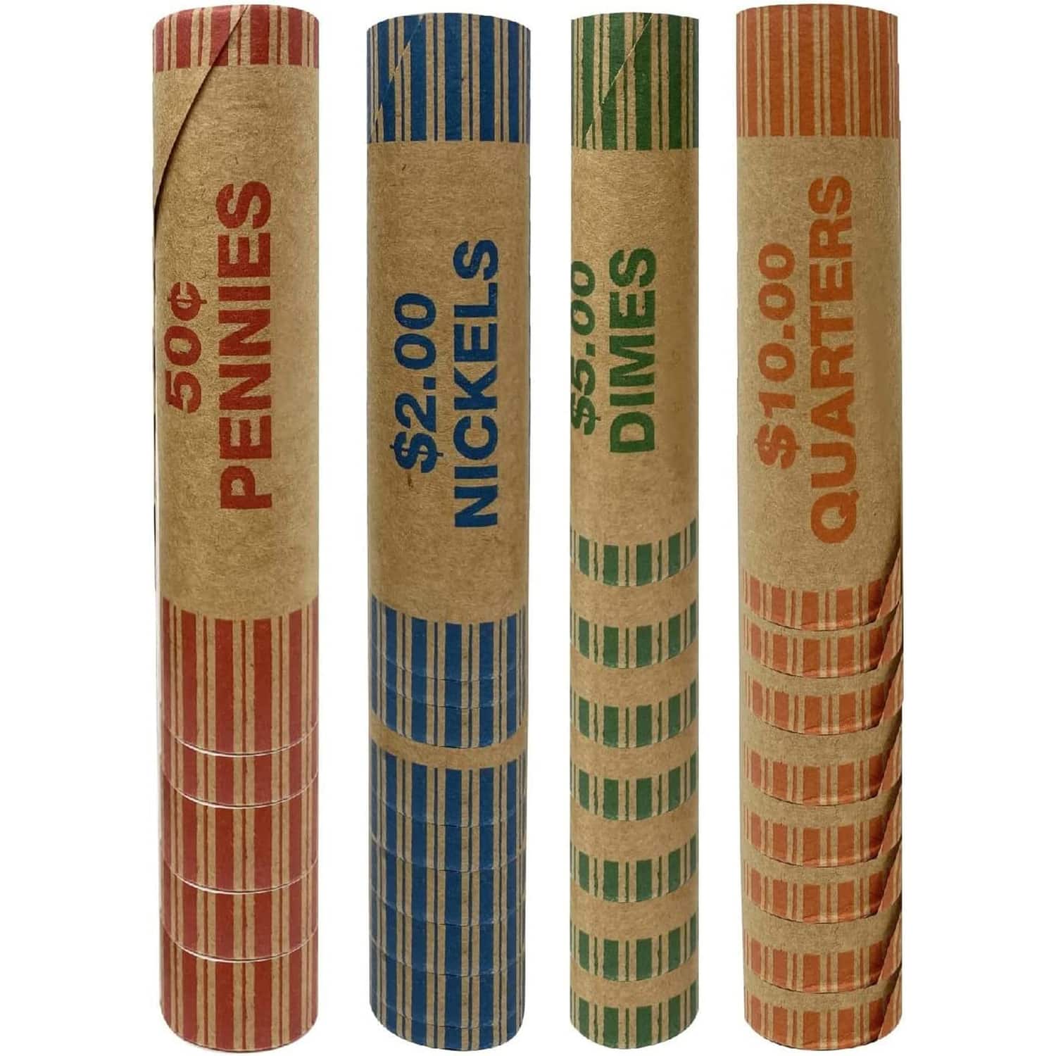 256 Assorted Preformed Crimped End Coin Roll Wrappers, 64 Each of Nickels, Dimes, Pennies, Quarters