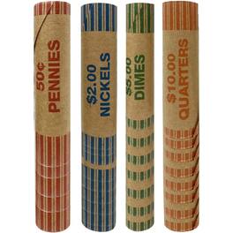 256 Assorted Preformed Crimped End Coin Roll Wrappers, 64 Each of Nickels, Dimes, Pennies, Quarters