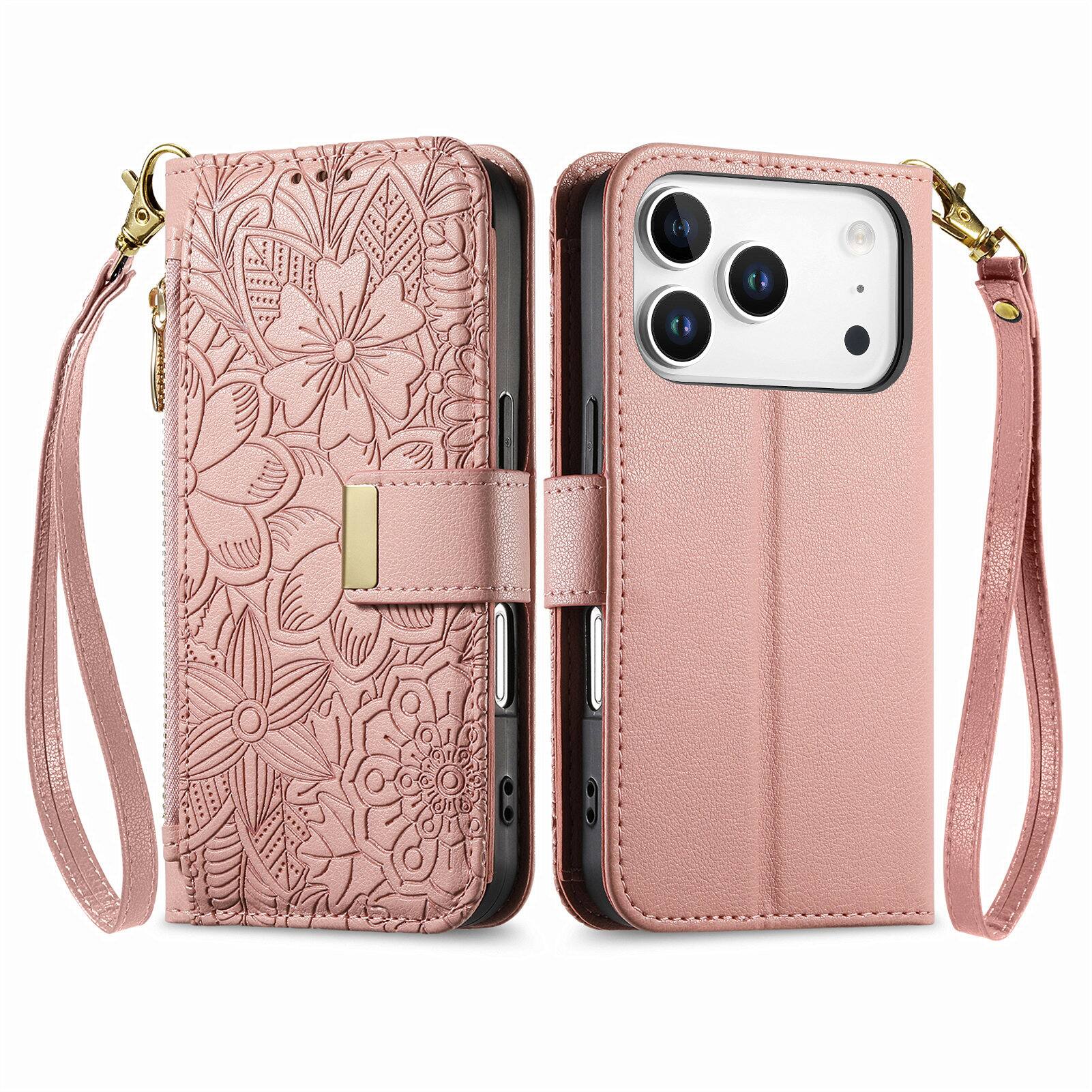 Angle. UUCOVER - Floral PU Leather Wallet Case for Apple iPhone 17 Pro with Zipper Pocket, Card Slots,Shoulder & Wrist Strap, Stand Cover - Rosegold.