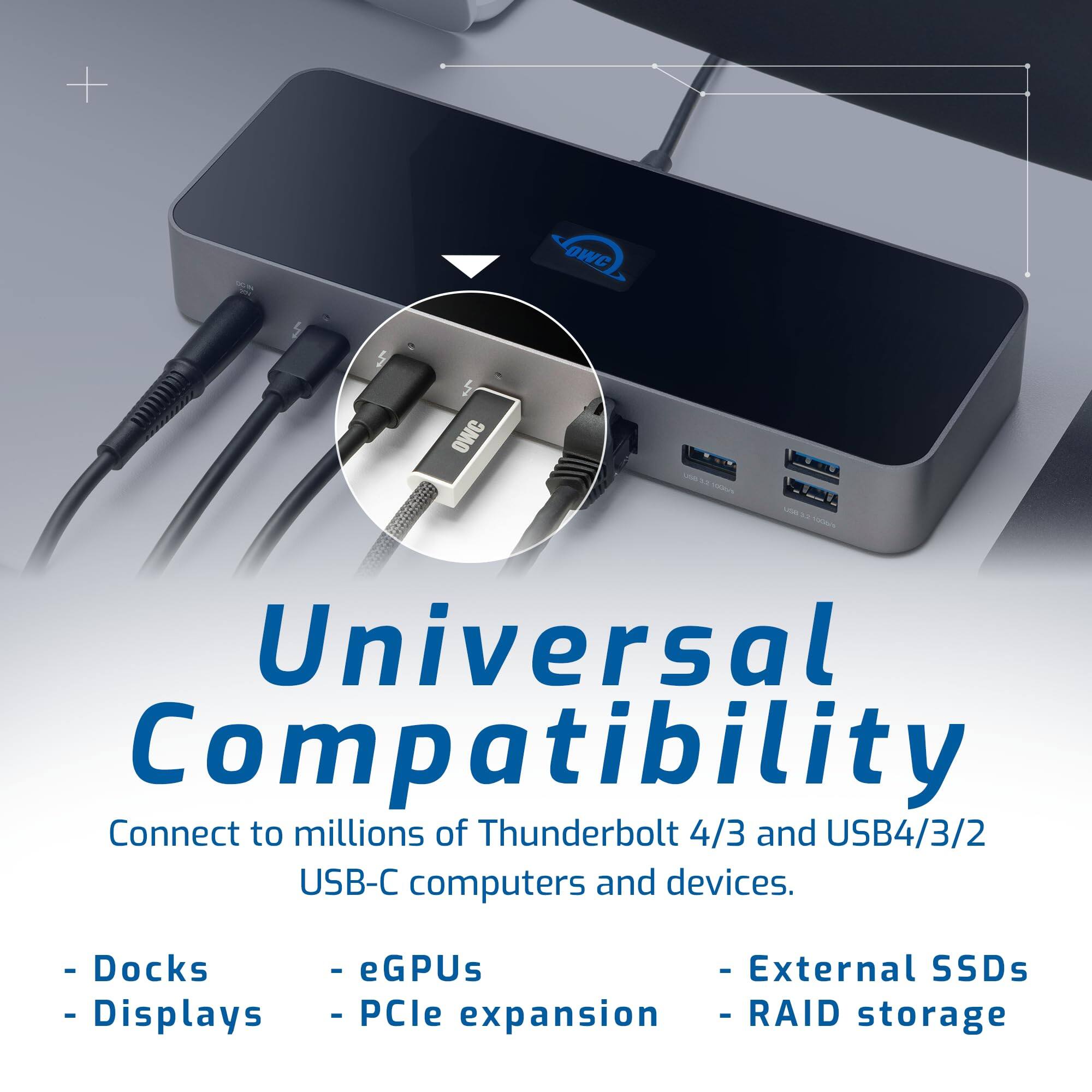 + OWC Universal Compatibility  
Connect to millions of Thunderbolt 4/3 and USB4/3/2 USB-C computers and devices.  
- Docks  
- eGPUs  
- External SSDs  
- Displays  
- PCIe expansion  
- RAID storage