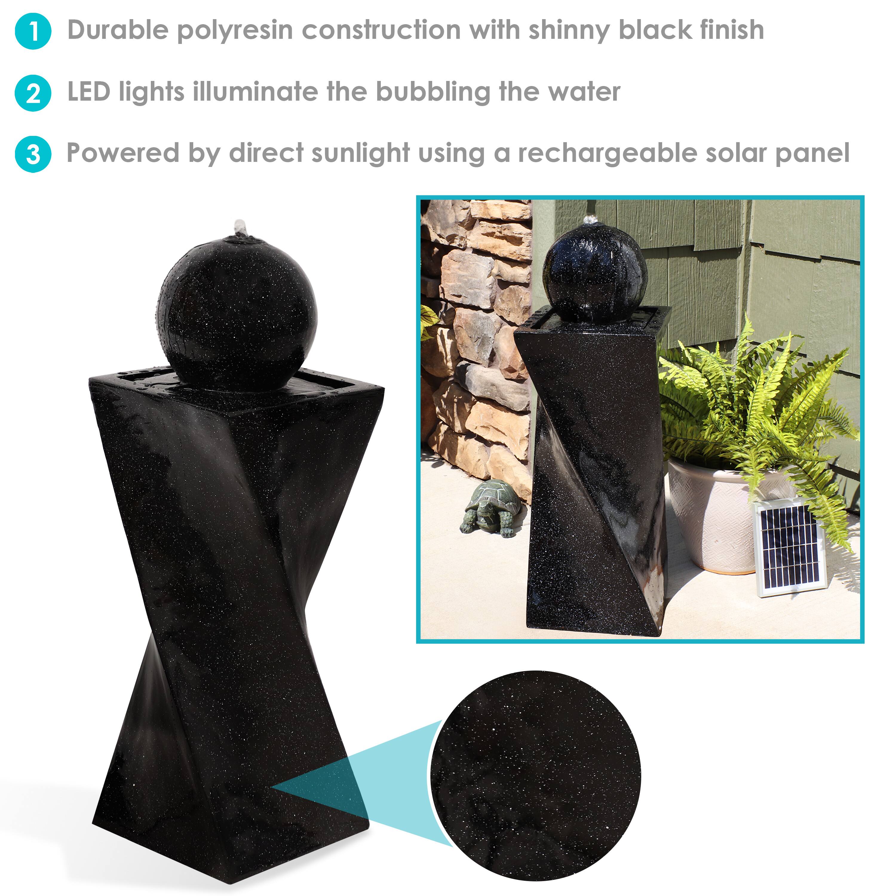 1. Durable polyresin construction with shiny black finish  
2. LED lights illuminate the bubbling water  
3. Powered by direct sunlight using a rechargeable solar panel