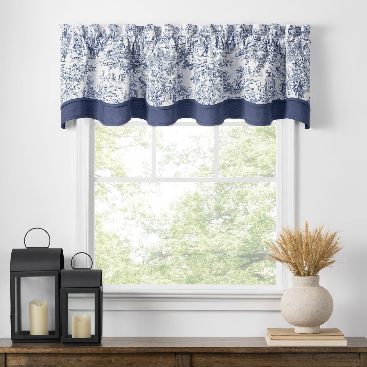 Angle. Ellis Curtain - ELLIS 100% Cotton Victoria Park Toile Bradford Shaped Valance With Print over Solid 70" x 15" Blue - Blue.