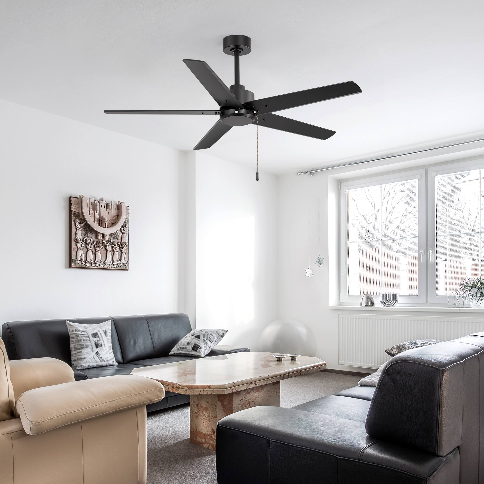 Alt View 5. Breezary - 52-Inch Indoor Ceiling Fan, No-Light, 5 Reversible Plywood Blades, 3-Speed AC Motor, 5/10'' Downrods, Pull Chain Control - Matte Black.