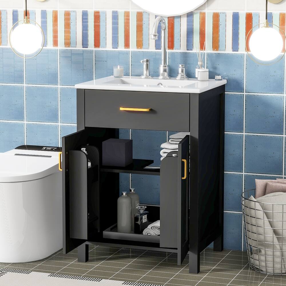 Back. Loheer - Loheer 24 inch bathroom vanity combo Black Solid Wood Freestanding Cabinet with Ceramic Sink - Black.