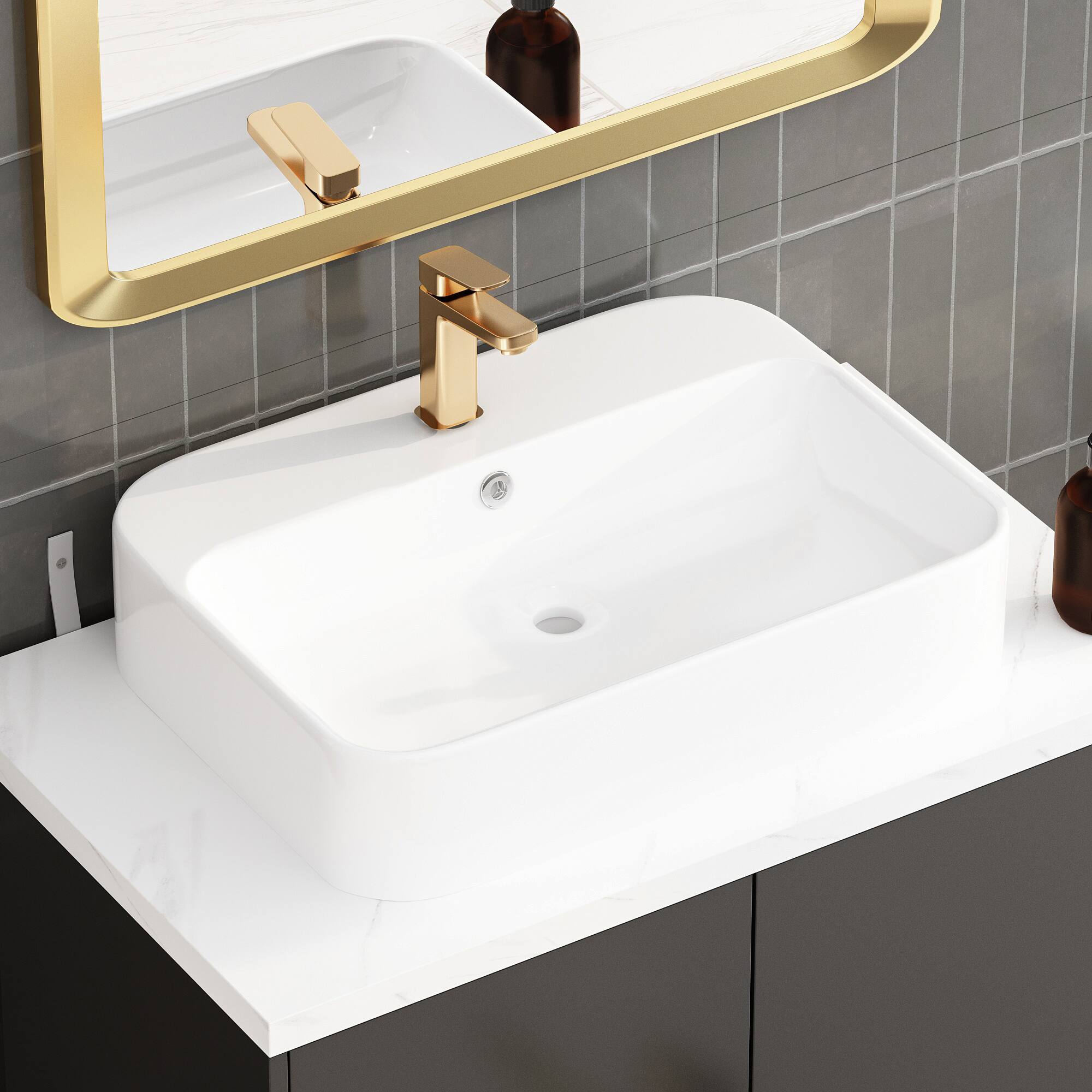 Alt View 5. Famapy - Luxury Bathroom Vanity with Ceramic Sink, Modern Storage Cabinet with Countertop and Organizer Space - White & Black.