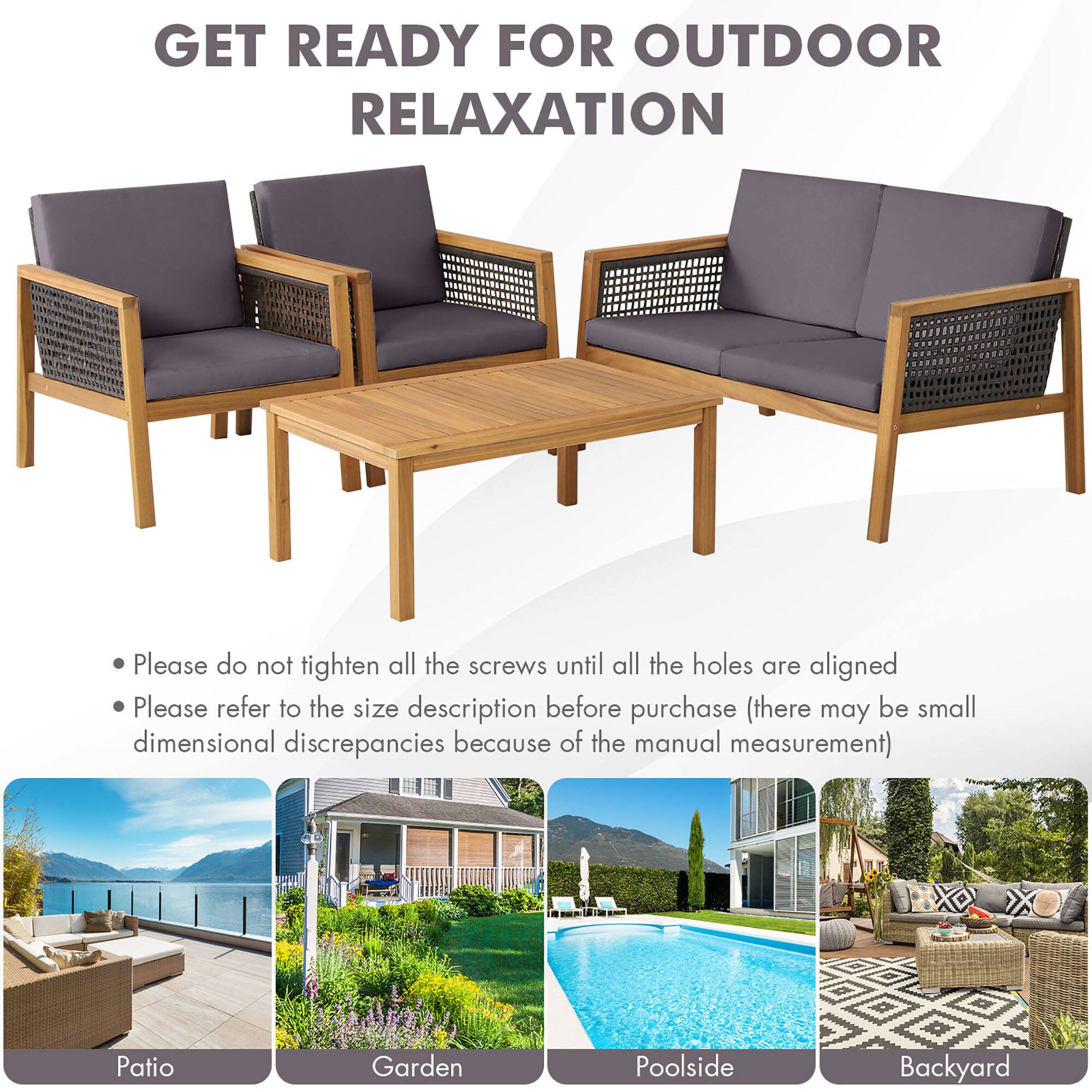 GET READY FOR OUTDOOR RELAXATION

Please do not tighten all the screws until all the holes are aligned
Please refer to the size description before purchase (there may be small dimensional discrepancies because of the manual measurement)

Patio
Garden
Poolside
Backyard
