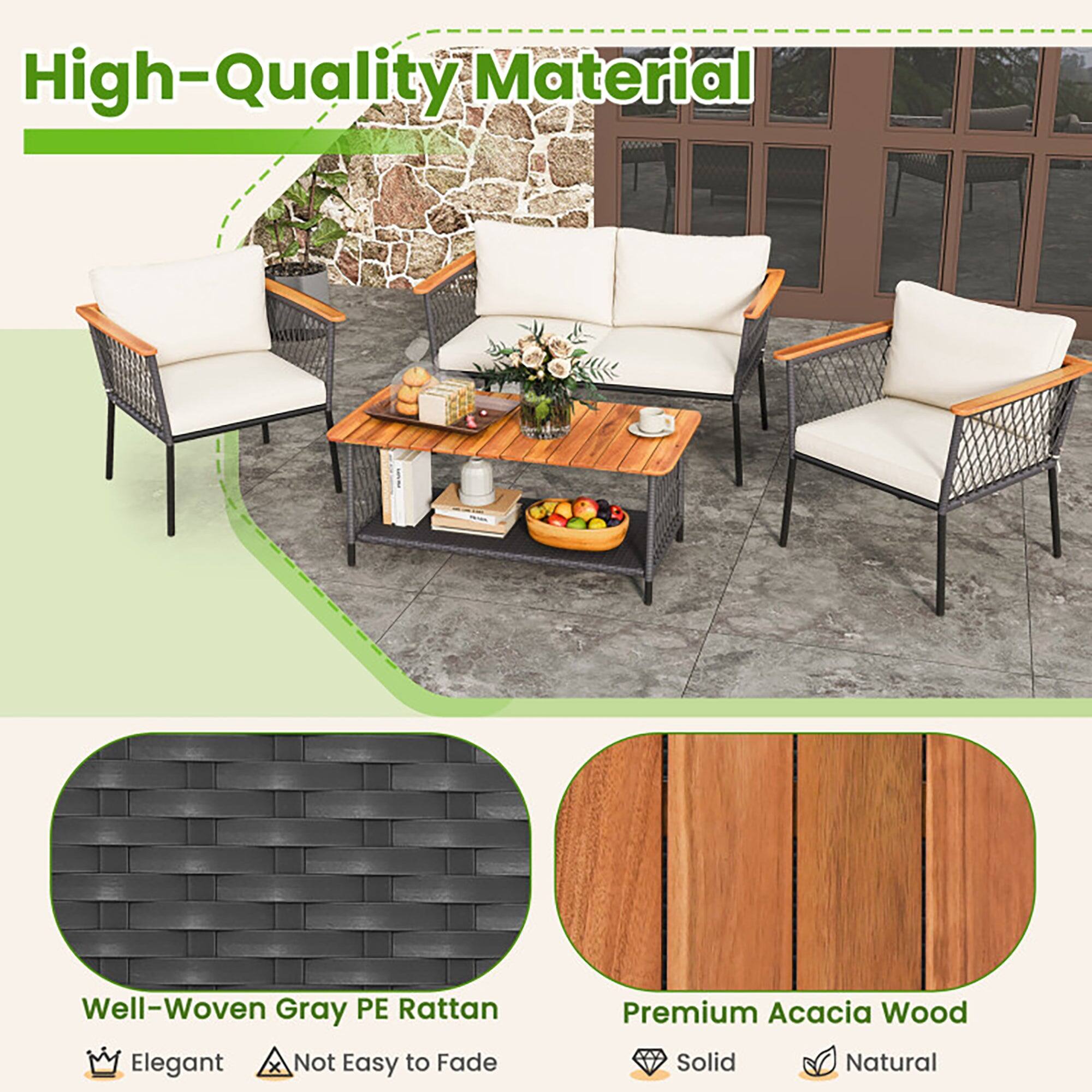 High-Quality Material

Well-Woven Gray PE Rattan
- Elegant
- Not Easy to Fade

Premium Acacia Wood
- Solid
- Natural