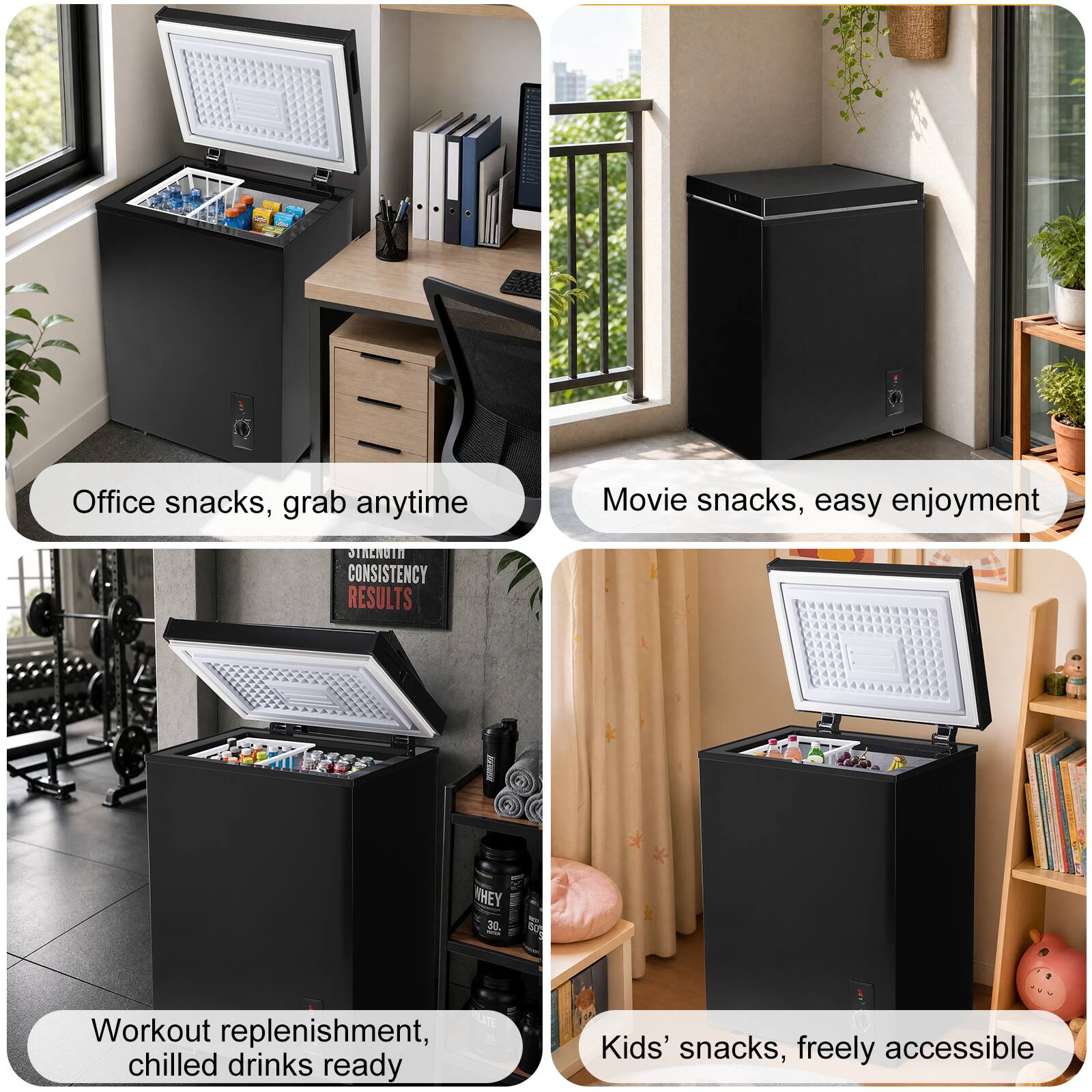 Office snacks, grab anytime  
Movie snacks, easy enjoyment  
Workout replenishment, chilled drinks ready  
Kids' snacks, freely accessible