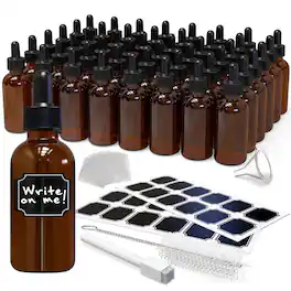 Nevlers - 2 Oz. Glass Dropper Bottles with Funnel, Brush, Shrink Wrap, Marker and Labels (Pack of 48) - Amber
