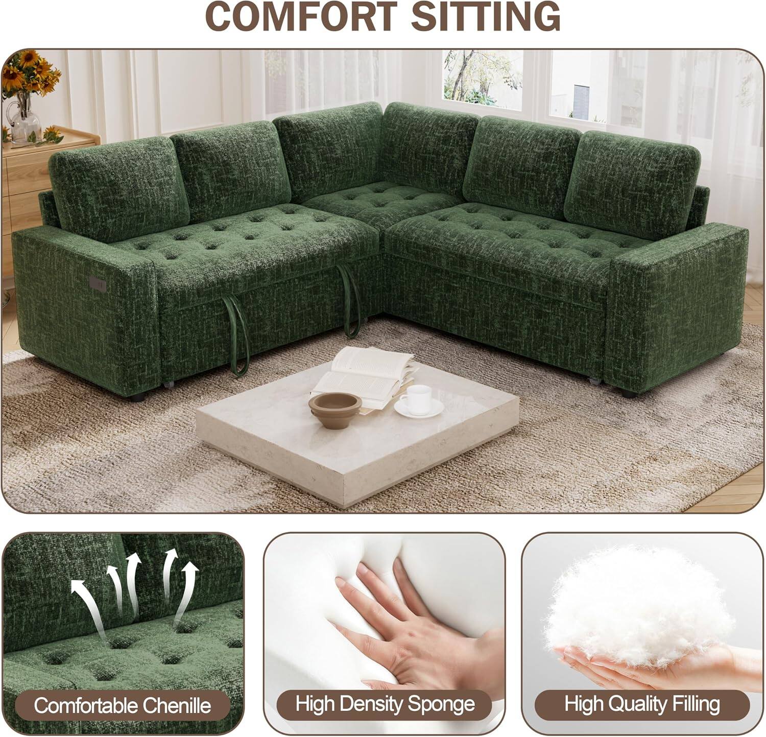 COMFORT SITTING

Comfortable Chenille  
High Density Sponge  
High Quality Filling