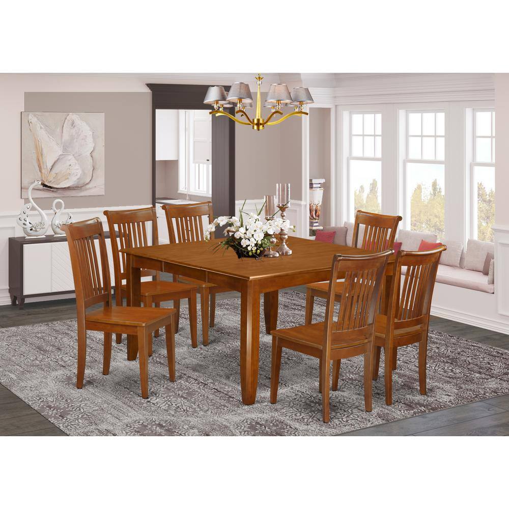 Back. East West Furniture - 7 Pc Dining set-Table with Leaf and 6 Dinette Chairs - Saddle Brown.