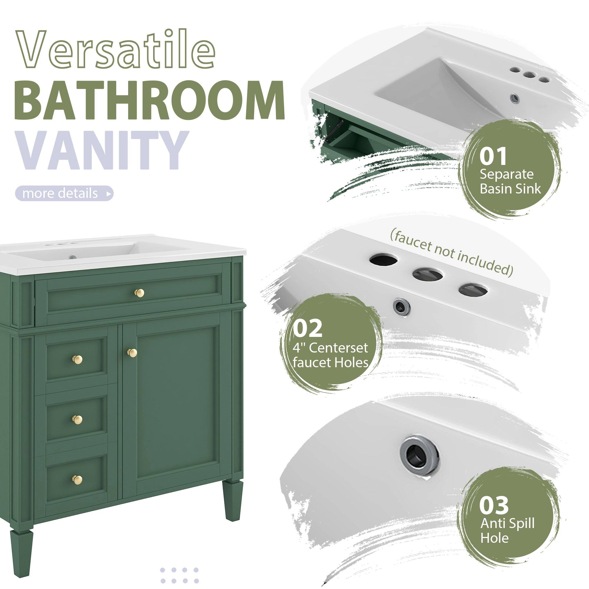Versatile BATHROOM VANITY  
more details  

01 Separate Basin Sink (faucet not included)  
02 4" Centerset Faucet Holes  
03 Anti Spill Hole