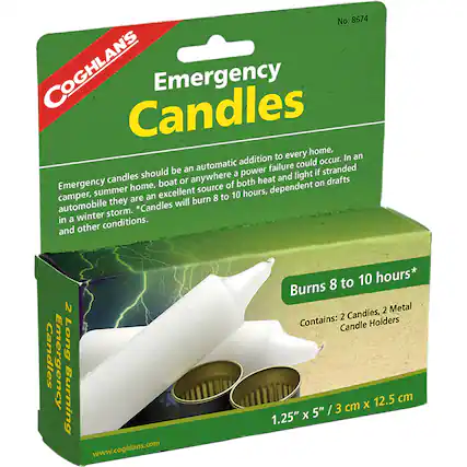 No. 8674 COGHLANS Emergency Candles
Emergency candles should be an automatic addition to every home, camper, summer home, boat or anywhere a power failure could occur. In an automobile, they are an excellent source of both heat and light if stranded in a winter storm. *Candles will burn 8 to 10 hours, dependent on drafts and other conditions.
BURNS 8 TO 10 HOURS*
Contains: 2 Candles, 2 Metal Candle Holders
1.25" x 5" / 3 cm x 12.5 cm
www.coghlan.com