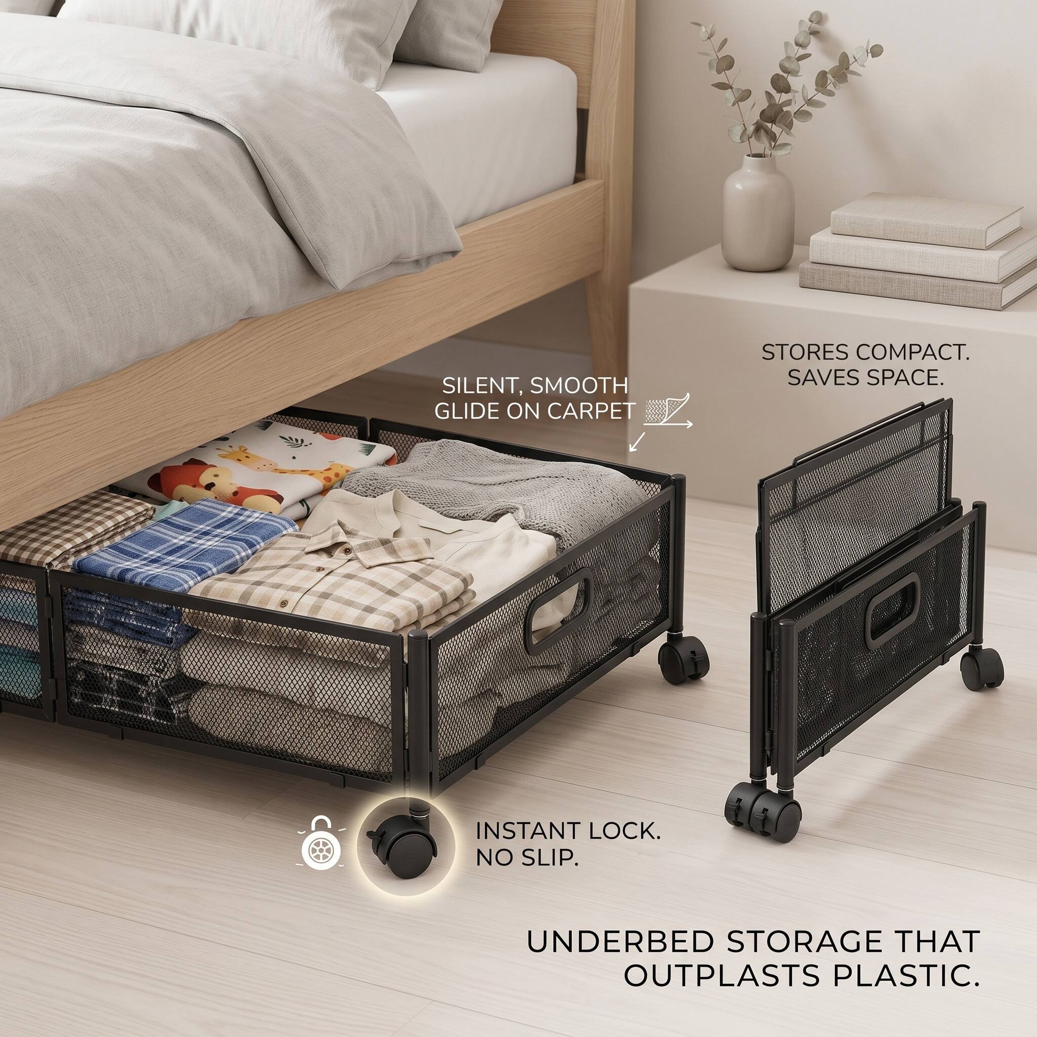 SILENT, SMOOTH GLIDE ON CARPET  
STORES COMPACT. SAVES SPACE.  
INSTANT LOCK. NO SLIP.  
UNDERBED STORAGE THAT OUTPLASTS PLASTIC.