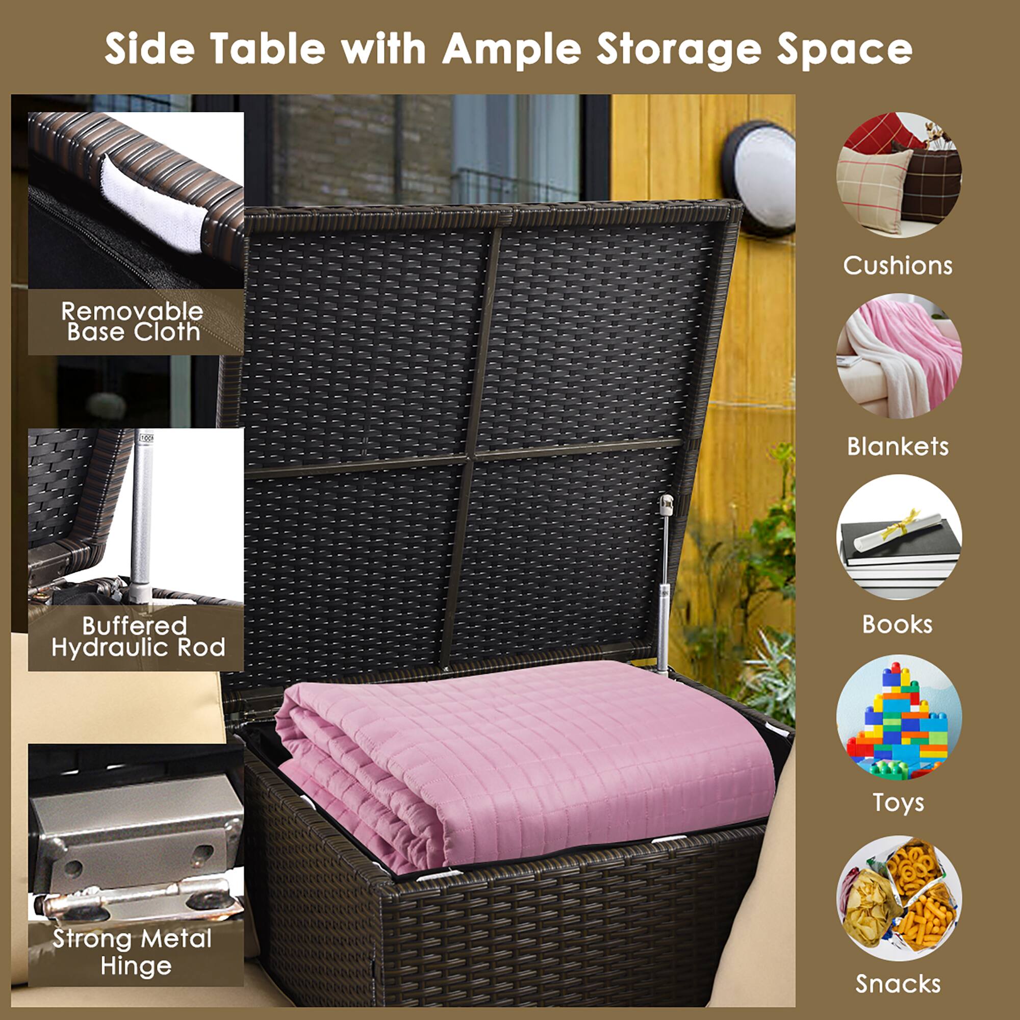 Side Table with Ample Storage Space, Cushions, Removable Base Cloth, Blankets, Buffered Hydraulic Rod, Books, Toys, Strong Metal Hinge, Snacks