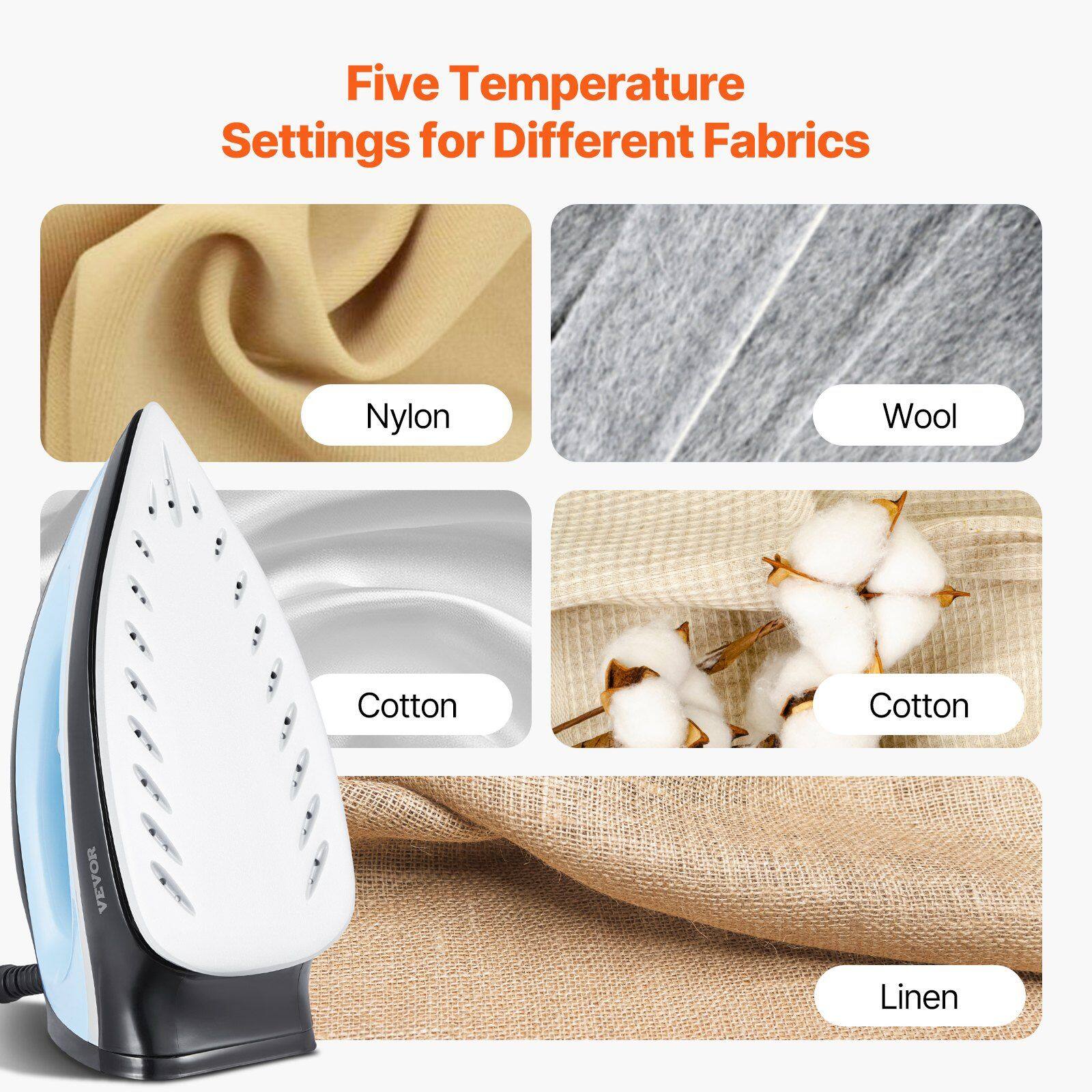 Five Temperature Settings for Different Fabrics

- Nylon
- Wool
- Cotton
- Cotton
- Linen