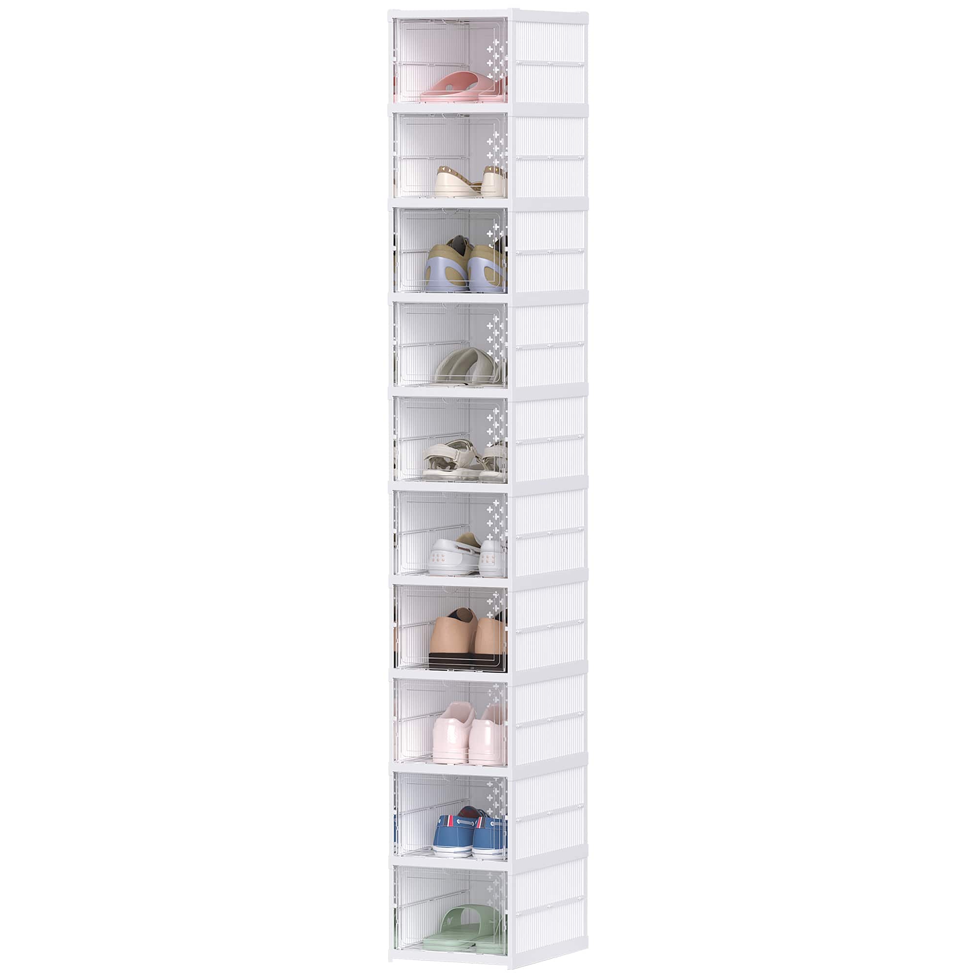 Homcom - Plastic Shoe Boxes, 10 Pack Foldable Shoe Storage Boxes with Clear Door, No Assembly - White