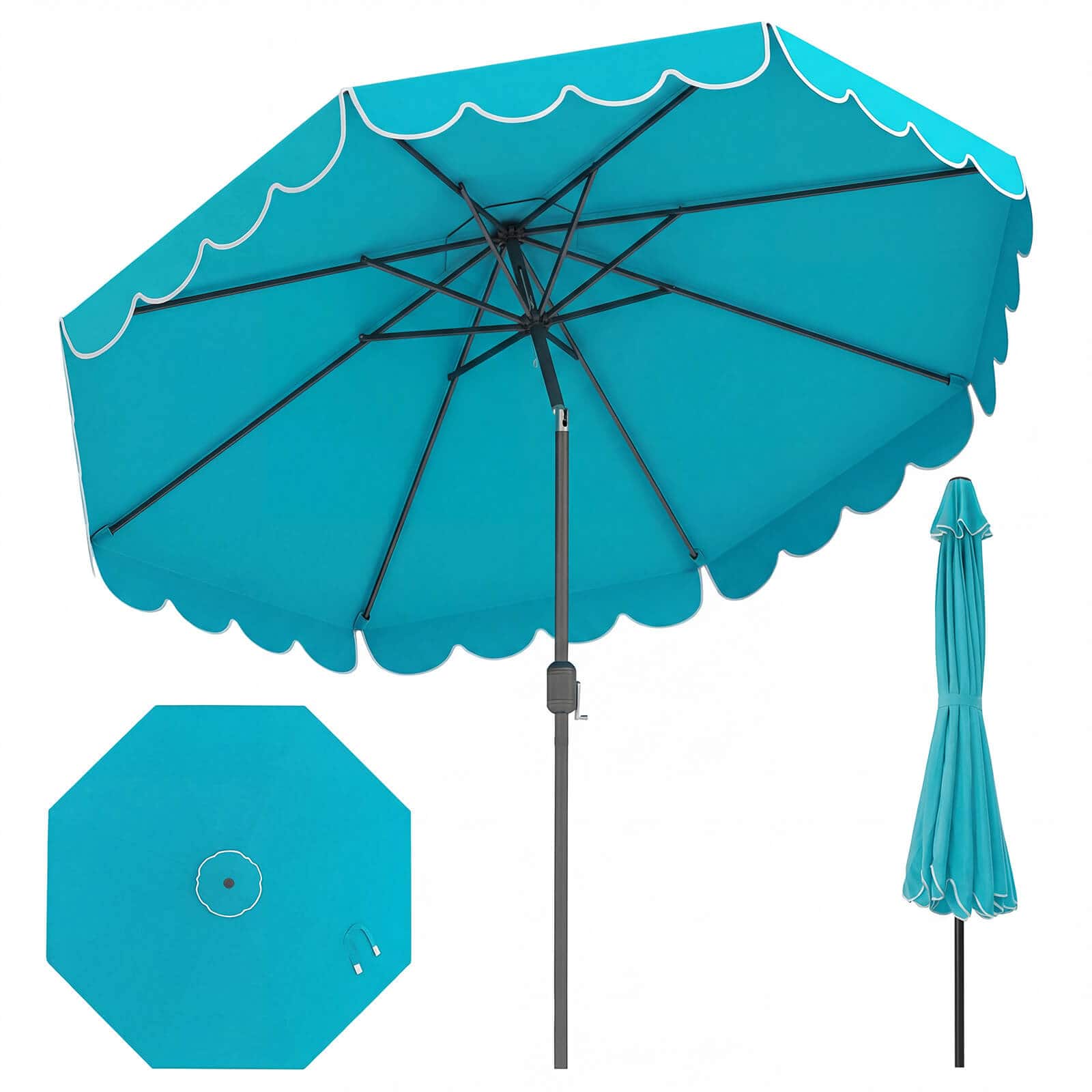 Costway - 10 FT Patio Umbrella with Crank Tilt Adjustment Ruffles Vented Top 8 Ribs - Blue