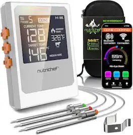 NutriChef - Wireless Meat Thermometer with 2 Stainless Steel Probes, Bluetooth and WiFi Smartphone App for Monitoring Food