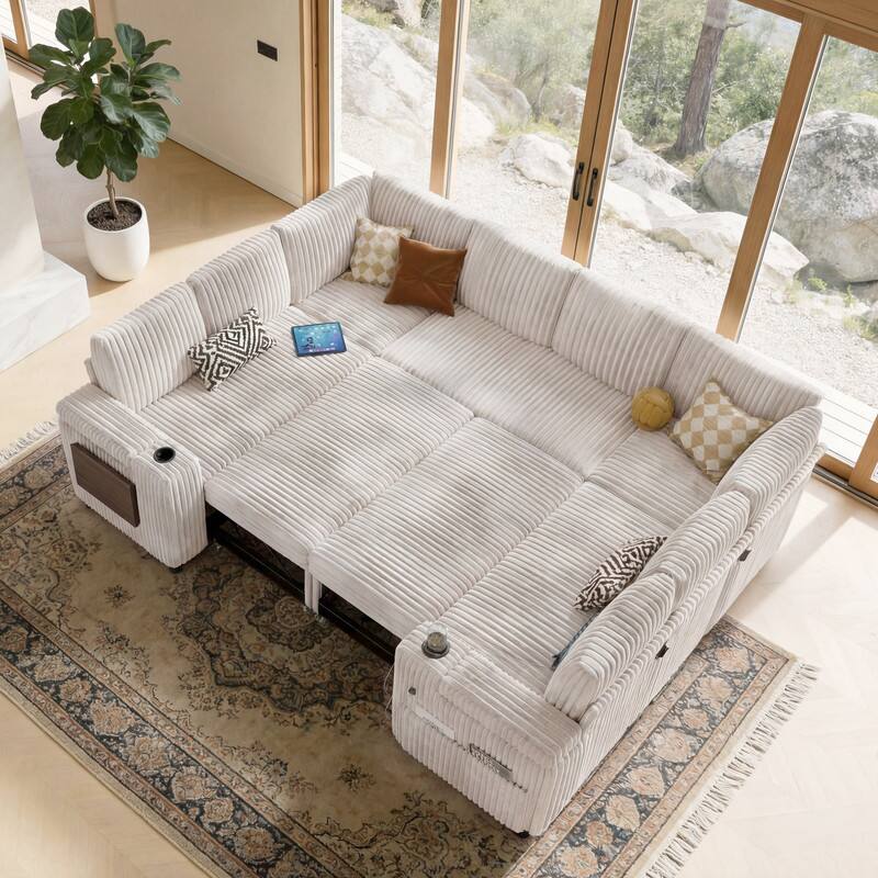 Back. Dyonery - 112" Modular Sectional Sofa, U Shaped 8-Seater Sleeper Sofa with Pull Out Bed &Hidden Storage, Cup Holders & USB. - Beige.