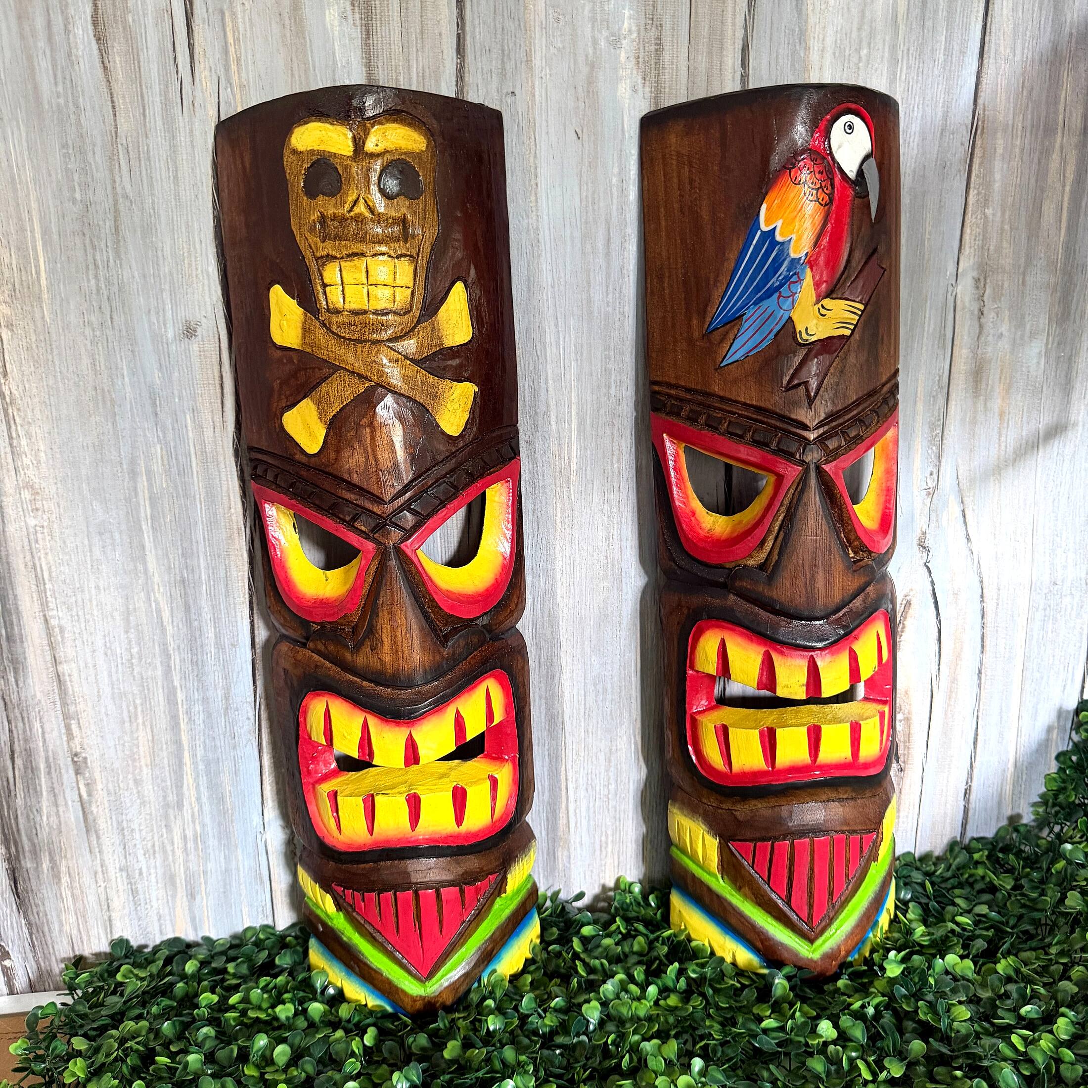Alt View 7. Things2Die4 - Set of 2 Tiki Wall Masks Hand Carved Wood 19.75 in Parrot Skull Decor - Brown.