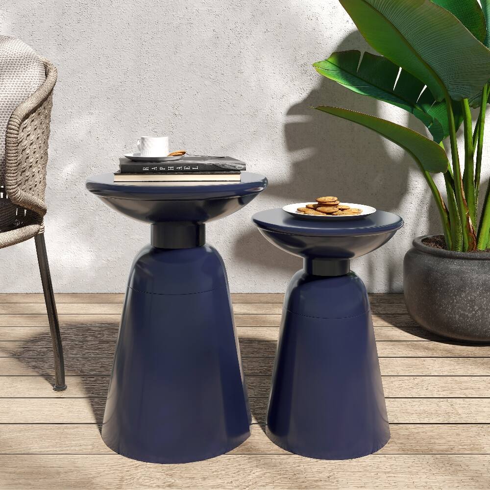 Back. Loheer - Loheer Outdoor Iron Side Tables Set of 2 Navy Blue Modern Flared Design Metal Accent Tables for Patio - Navy Blue.