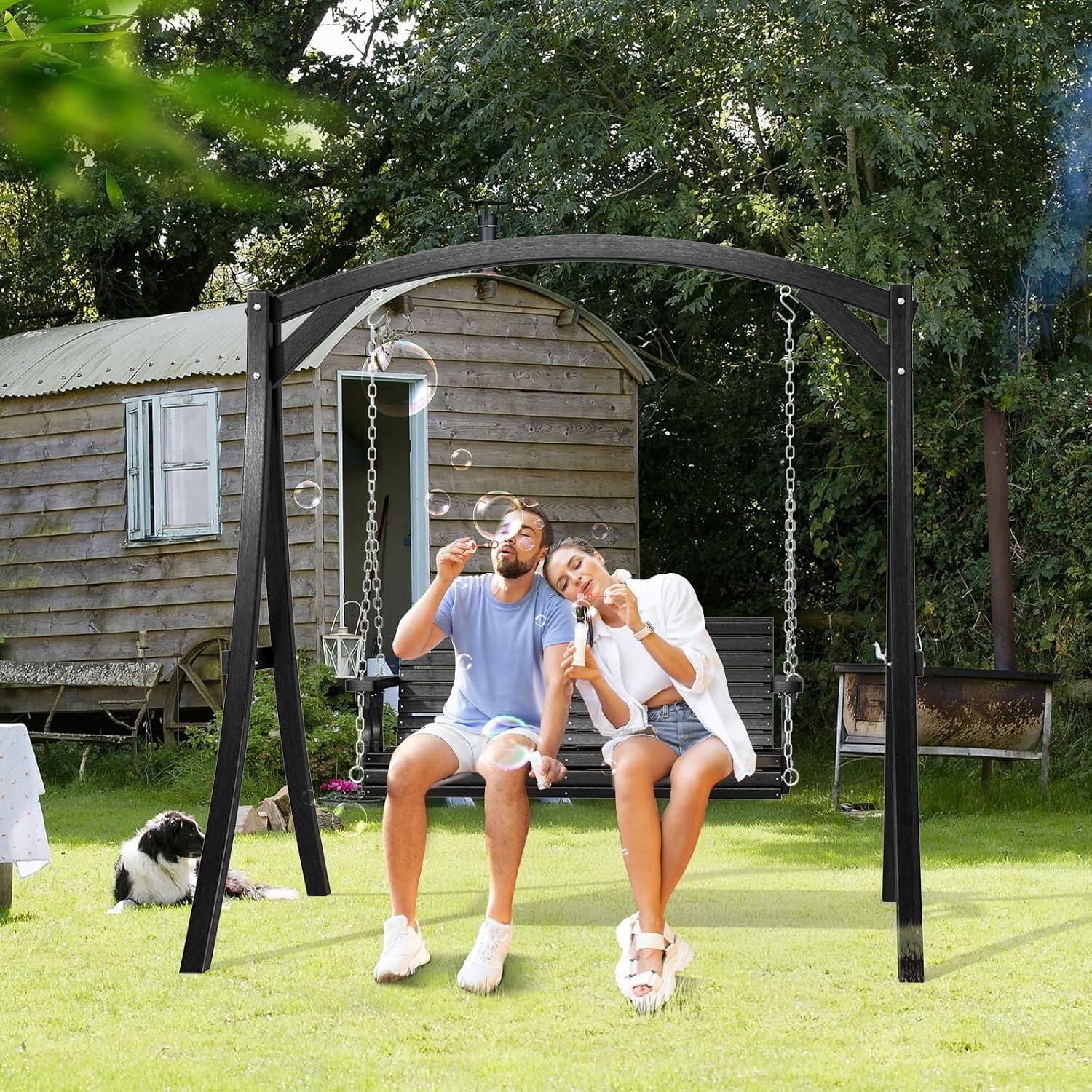 Alt View 9. Winado - 4 FT Patio Wooden Porch Swing, Heavy Duty 880 LBS Swing Chair Bench, with Hanging Chains for Outdoor Courtyard Garden - Black.