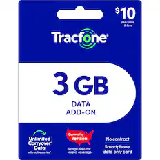 $10 plus taxes & fees Tracfone 3 GB DATA ADD-ON Unlimited Carryover Data with active service* Covered by Verizon Image does not depict coverage No contract Smartphone data only card