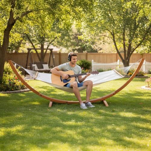 Alt View 5. Winado - 14FT Wooden Double Cotton Hammock Set with Hammock Chair Stand, Comfortable Bed Heavy Duty for Outdoor Garden Patio - Teak.