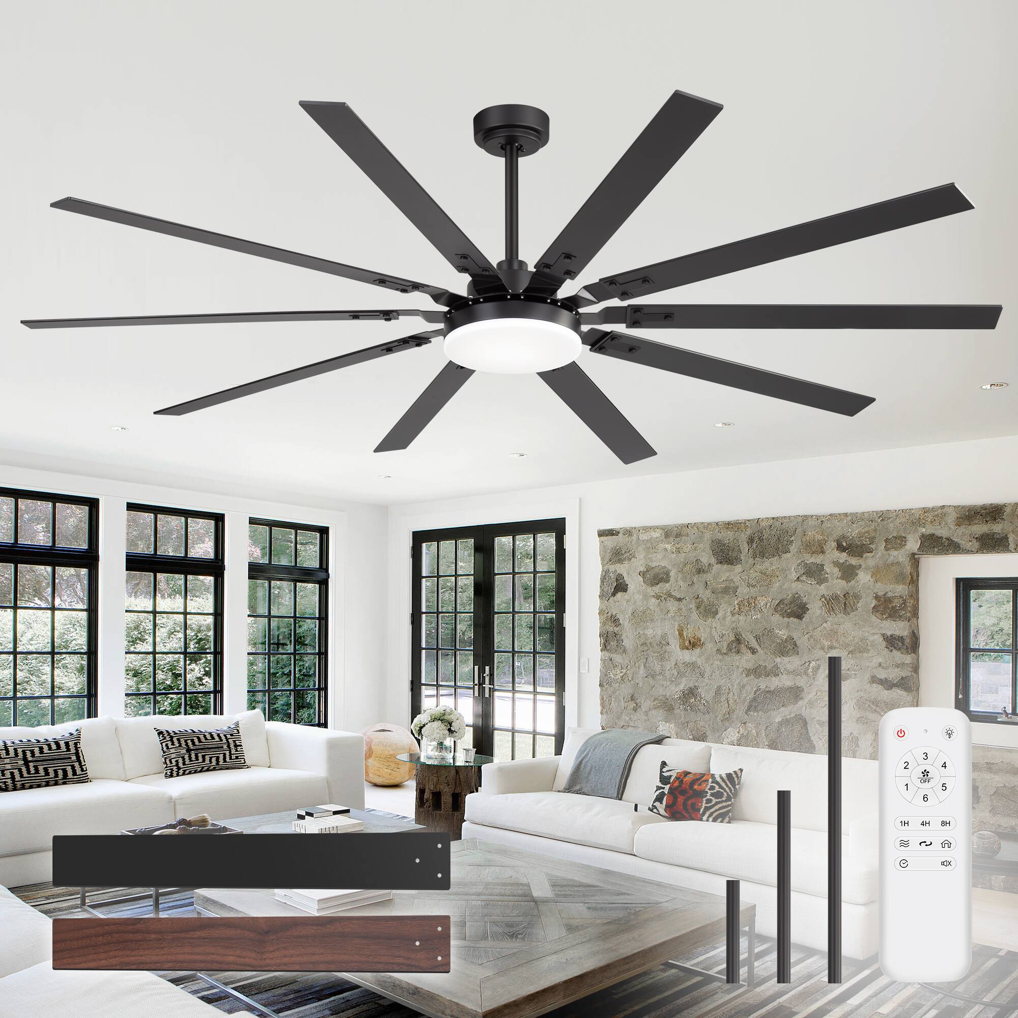 Back. Breezary - 72-Inch 10-Blade LED Ceiling Fan, DC Motor, 3 Color Temperature Options, Remote Control, and Reversible Function - matte black.