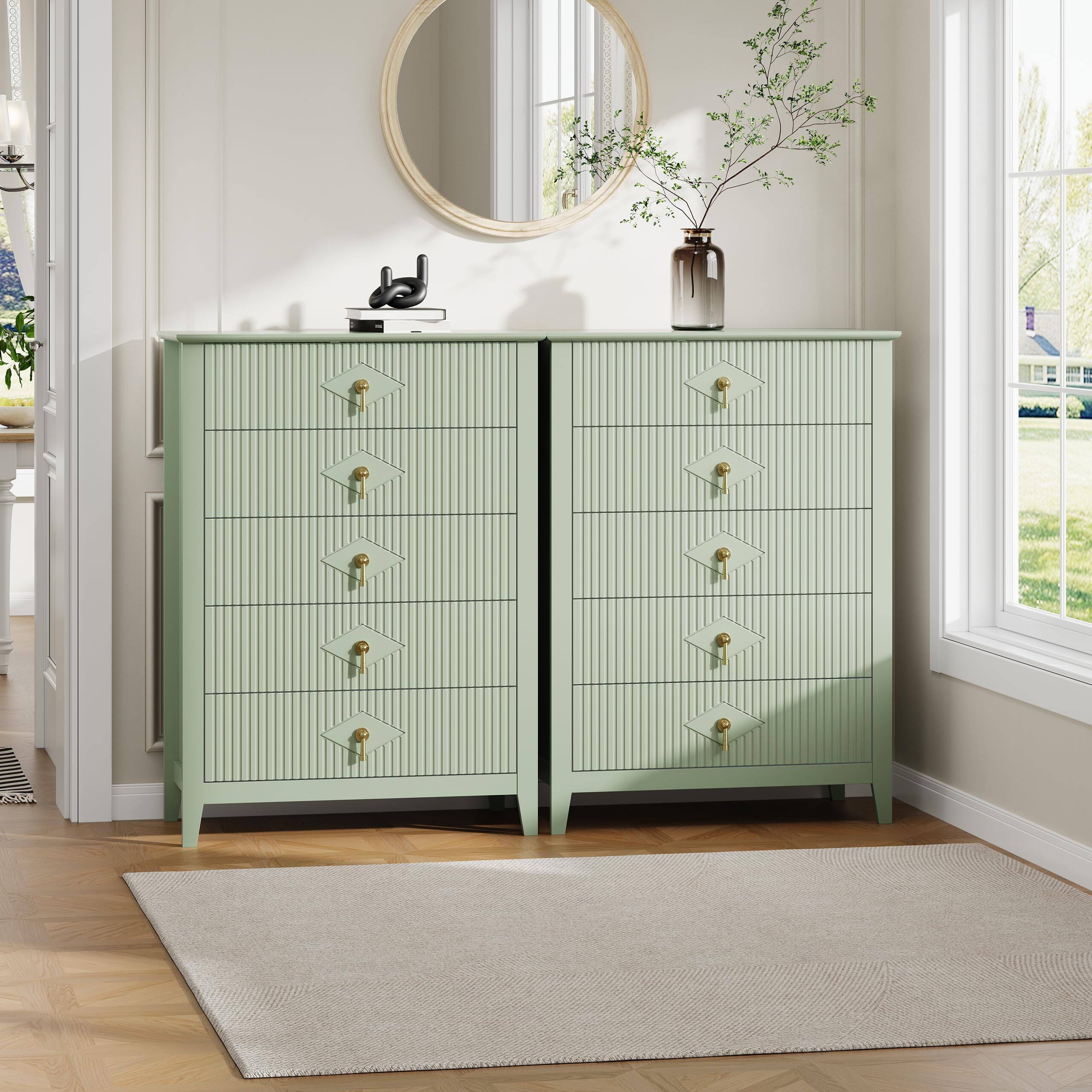 Alt View 8. GARVEE - Tall 5 Drawer Fluted Dresser, 42.9" Modern Wood Chest with Ample Storage Organization - Green.