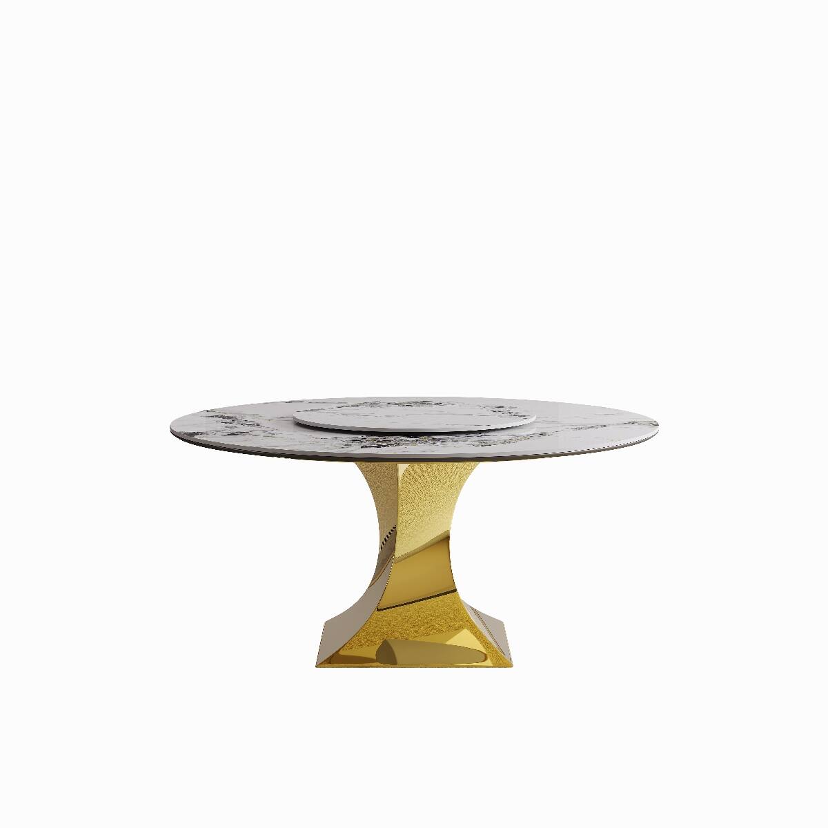 Angle. Loheer - Loheer Sintered Stone Dining Table, 59-Inch Round Table with Gold Stainless Steel Hourglass Base - Gold and White.