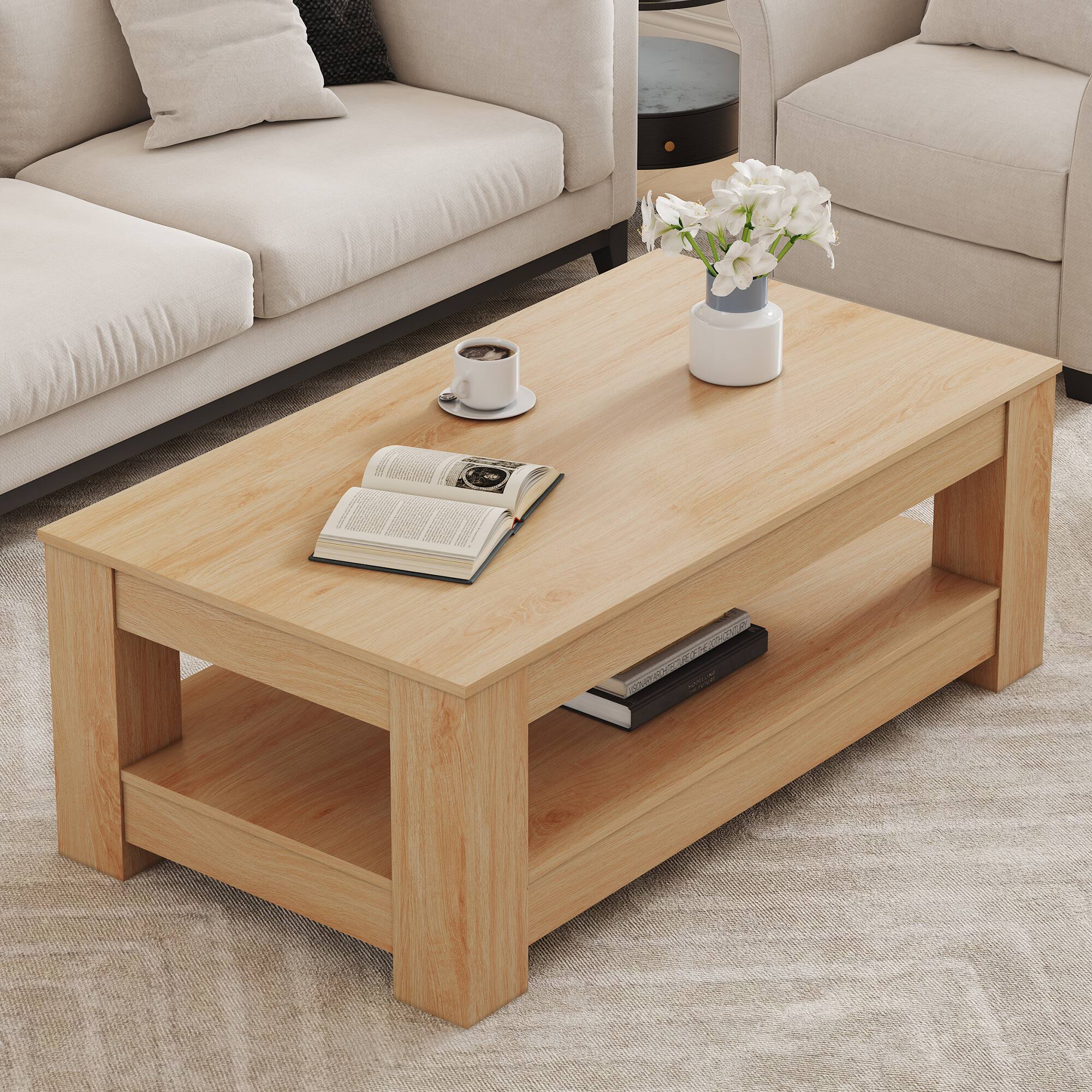 Angle. Loheer - Loheer- Natural Wood Modern Coffee Table Two Tier Center Table with Storage Shelf for Living Room 3.6 x 1.9 x 1.4 ft - Natural Wood.