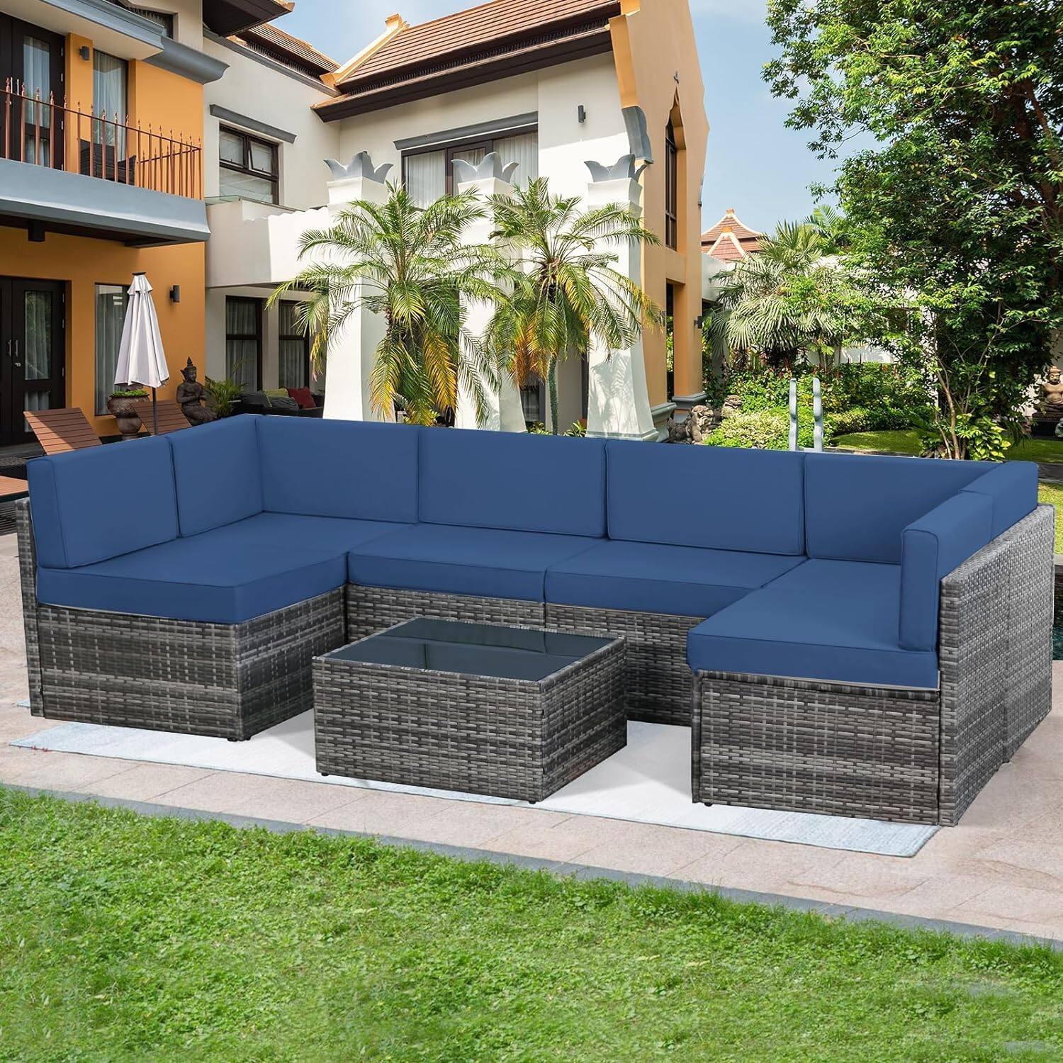 Left. Mondawe - 7-Piece Grey Rattan Sofa Set with Blue Cushions - Blue+Grey.