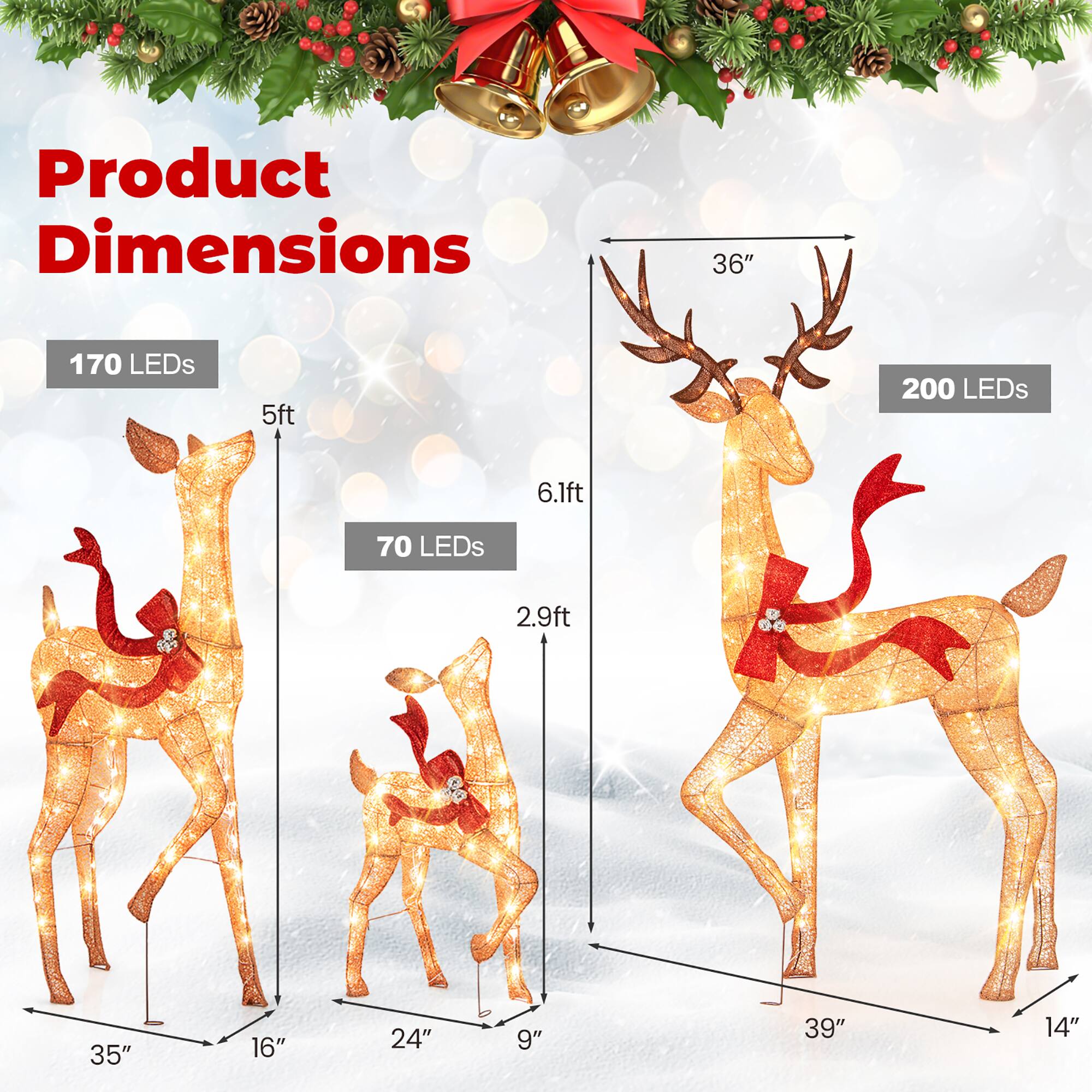 Product Dimensions

- 170 LEDs: 5ft (35" x 16")
- 70 LEDs: 2.9ft (24" x 9")
- 200 LEDs: 6.1ft (39" x 14")