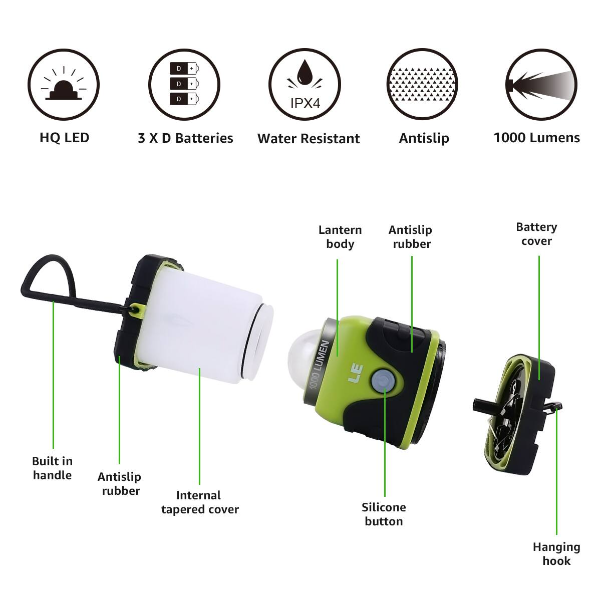 The image shows a product with various features and functions. It is a water-resistant lantern with a built-in handle and an antislip rubber body. The lantern is powered by three D batteries and has a water-resistant IPX4 rating. The product also has a hanging hook, which allows for easy hanging and storage. The lantern is designed to provide 1000 lumens of light, making it suitable for various outdoor activities and emergencies. The product is also equipped with a silicone button, which adds to its durability and ease of use. Overall, the image highlights the versatility and functionality of this lantern, making it a valuable tool for outdoor enthusiasts and emergency preparedness.