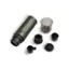 The image shows a green water bottle with a silver lid, along with several small black items, including a coffee filter, a cup, and a spoon. The items are arranged on a white background, and the overall scene suggests that these objects are used for preparing coffee.