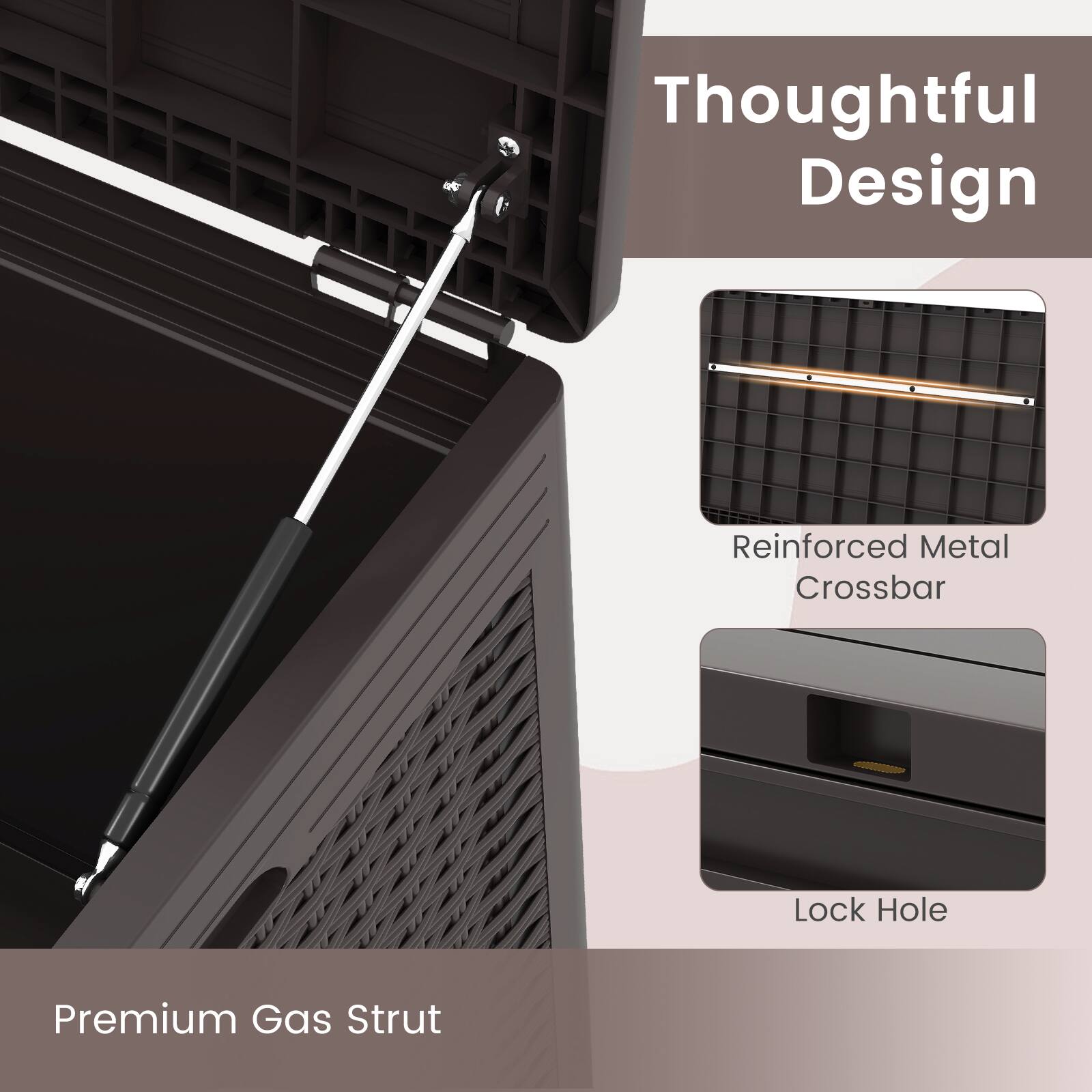 Thoughtful Design

Premium Gas Strut

Reinforced Metal Crossbar

Lock Hole