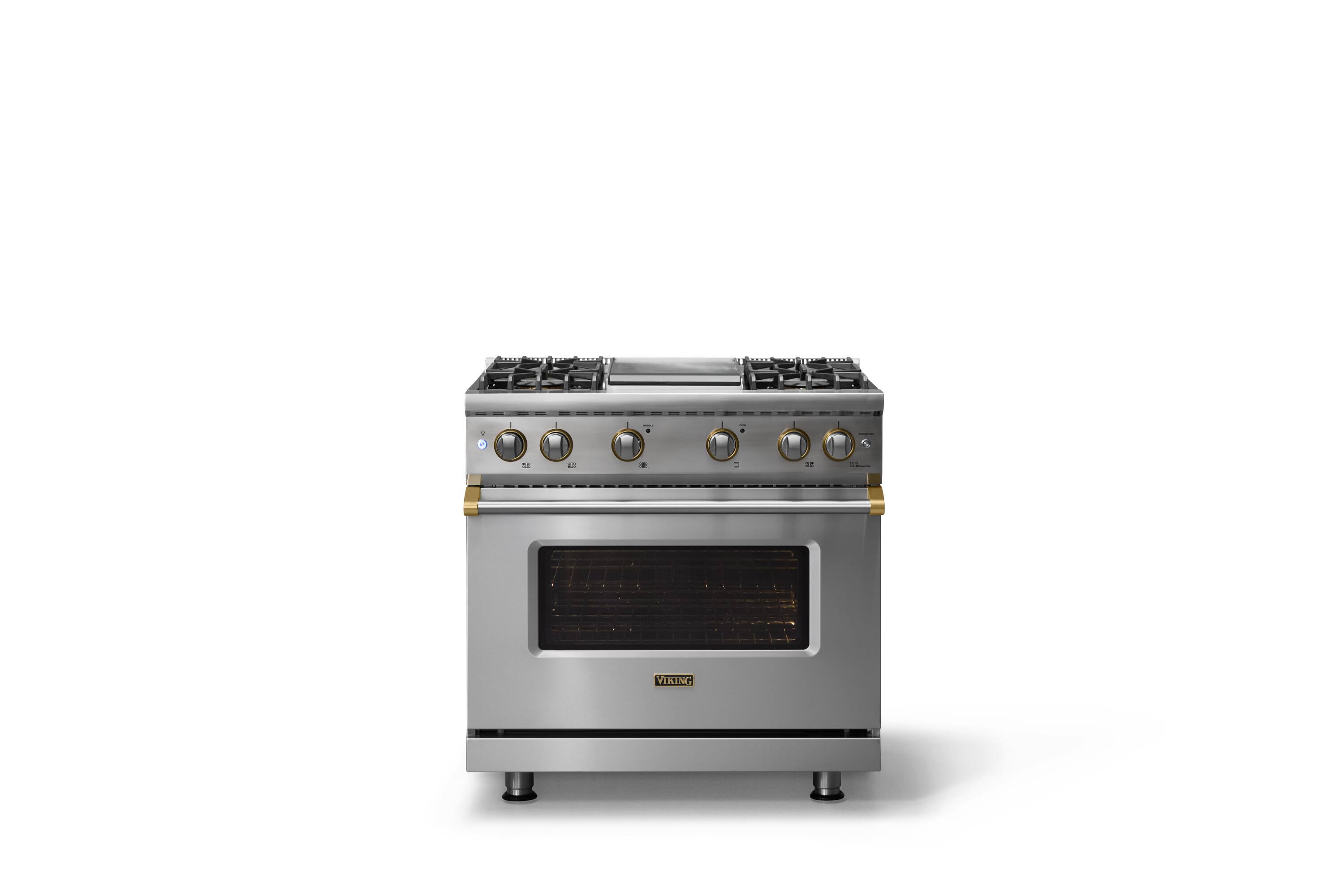 Alt View 1. Viking - 36"W. 5.1 Cu. Ft. Freestanding Manual Clean Sealed 4B Gas Convection Range/Griddle-Stainless Steel/Brushed Brass - Stainless Steel.