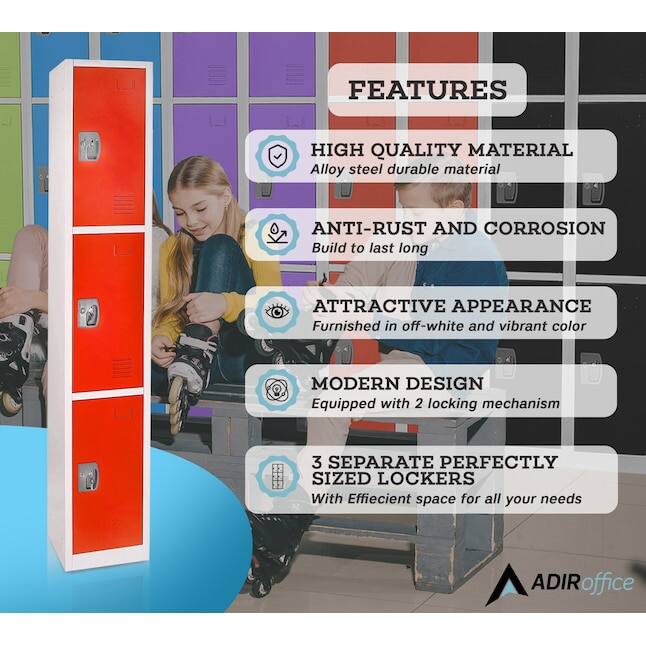 FEATURES
HIGH QUALITY MATERIAL
Alloy steel durable material
ANTI-RUST AND CORROSION
Build to last long
ATTRACTIVE APPEARANCE
Furnished in off-white and vibrant color
MODERN DESIGN
Equipped with 2 locking mechanism
3 SEPARATE PERFECTLY SIZED LOCKERS
With Effiecient space for all your needs
ADIRoffice