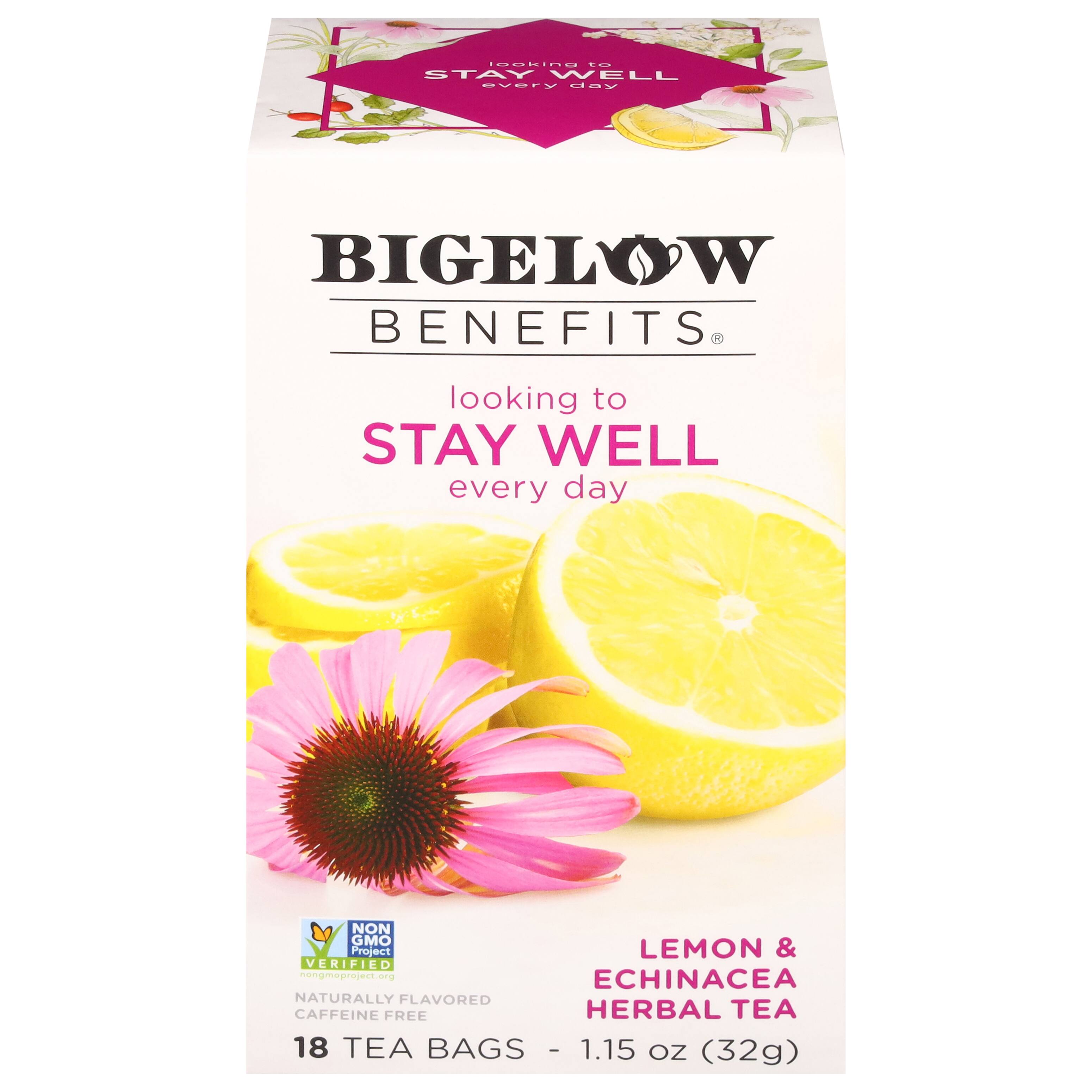 BIGELOW  
BENEFITS®  

looking to  
STAY WELL  
every day  

LEMON &  
ECHINACEA  
HERBAL TEA  

18 TEA BAGS - 1.15 oz (32g)  

NON GMO Project  
VERIFIED  
nongmoproject.org  

NATURALLY FLAVORED  
CAFFEINE FREE