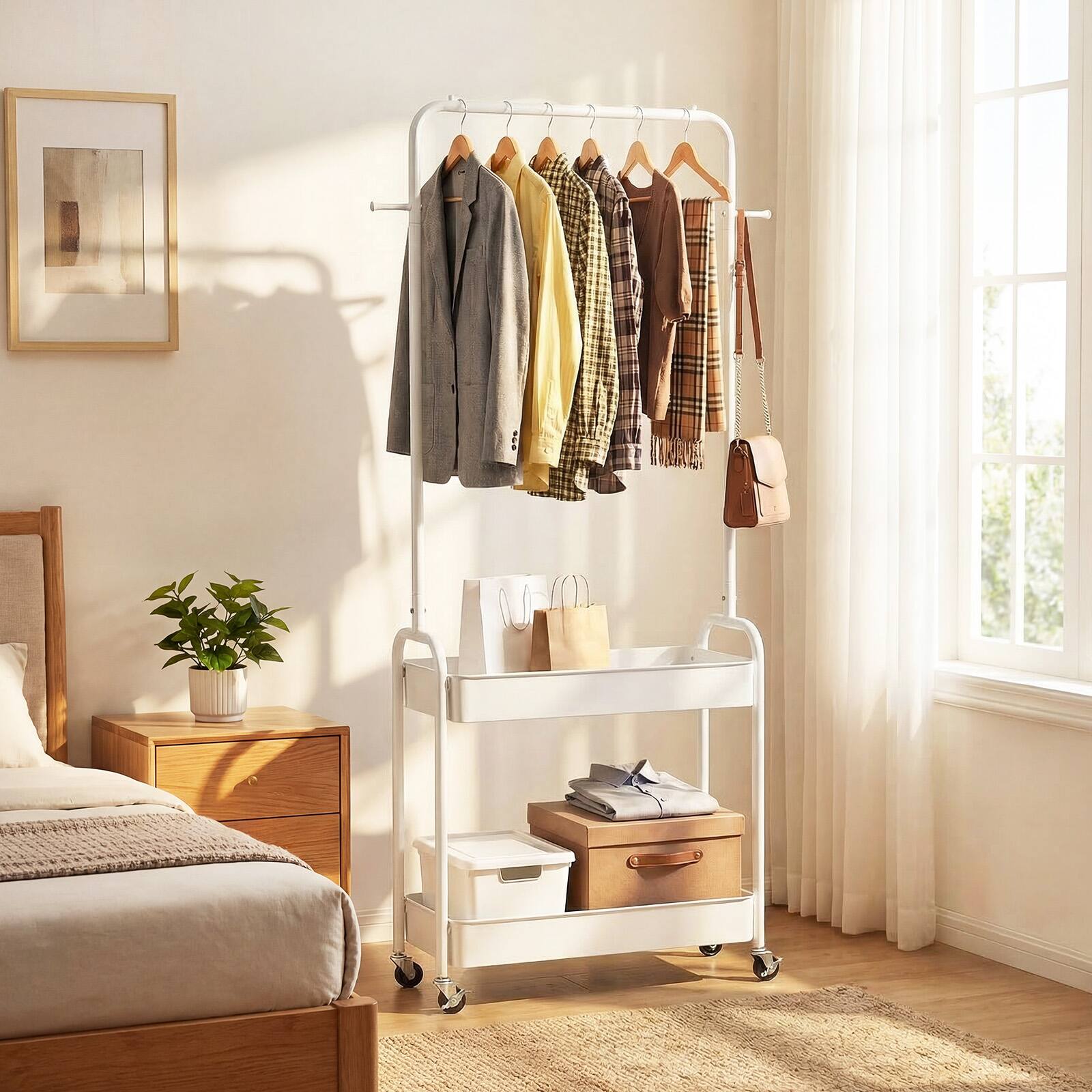 Alt View 1. Gymax - Gymax Rolling Clothes Rack w/Hanging Rod Side Hooks Storage Baskets Lockable Wheels White - White.