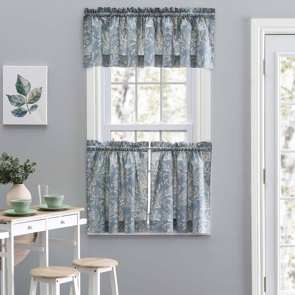 Angle. Ellis Curtain - Ellis Curtain Lexington Leaf Pattern on Colored Ground Curtain Tiers 56"x24" Blue - Blue.