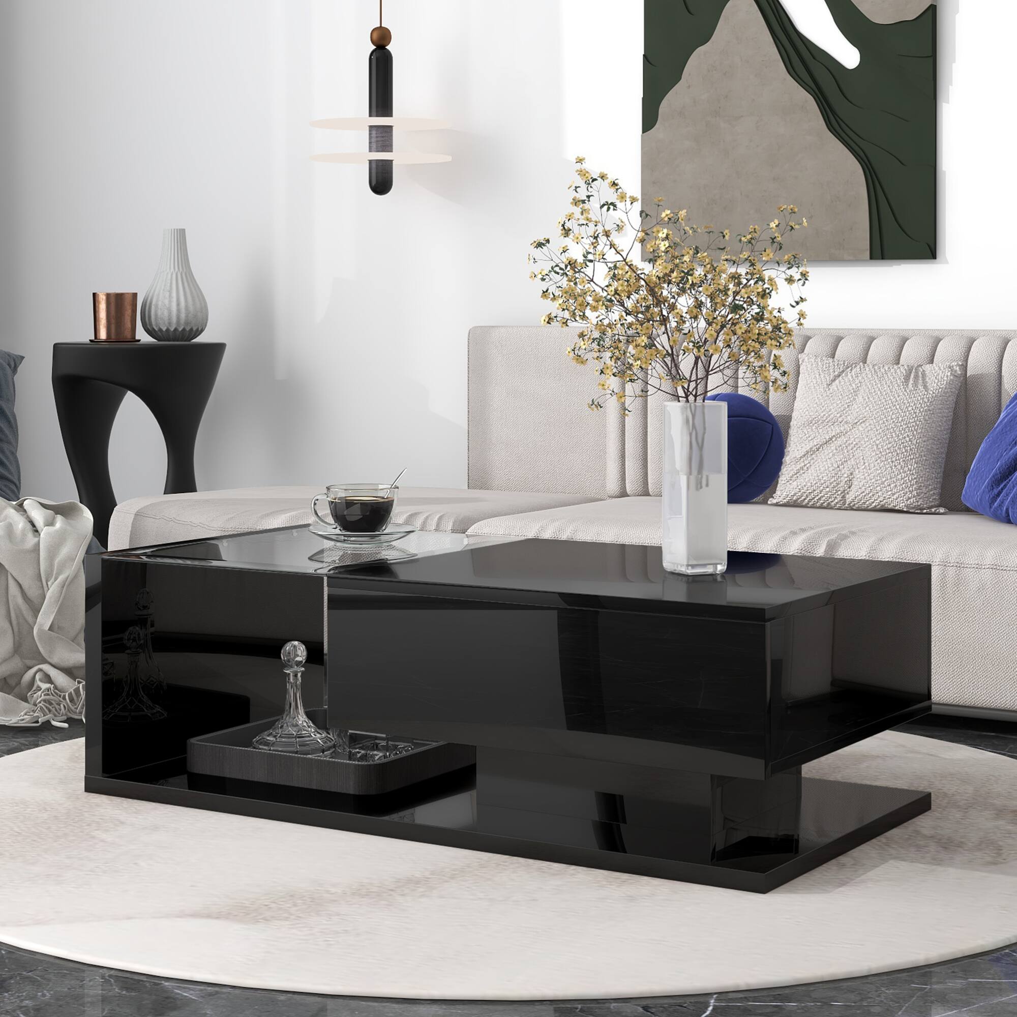 Angle. GOODSILO - Modern Coffee Table with Tempered Glass Top and High-Gloss UV Finish, Two-Tier Rectangular Center Table - Black.