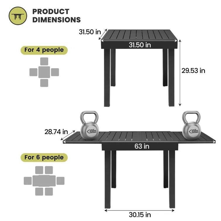 PRODUCT DIMENSIONS

For 4 people  
31.50 in x 31.50 in x 29.53 in  
<30lbs

For 6 people  
63 in x 30.15 in x 28.74 in  
<30lbs