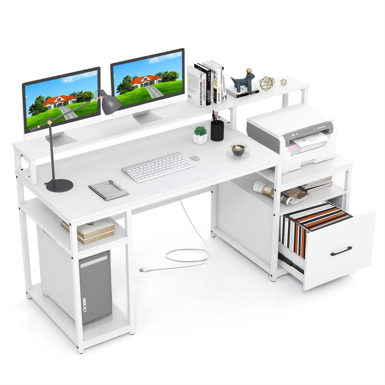 Pefilos - 67 Inch Computer Desk - ETL Certified Anti-Falling Drawer, Monitor Stand & File Drawer - White