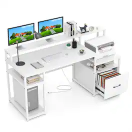 Pefilos - 67 Inch Computer Desk - ETL Certified Anti-Falling Drawer, Monitor Stand & File Drawer - White