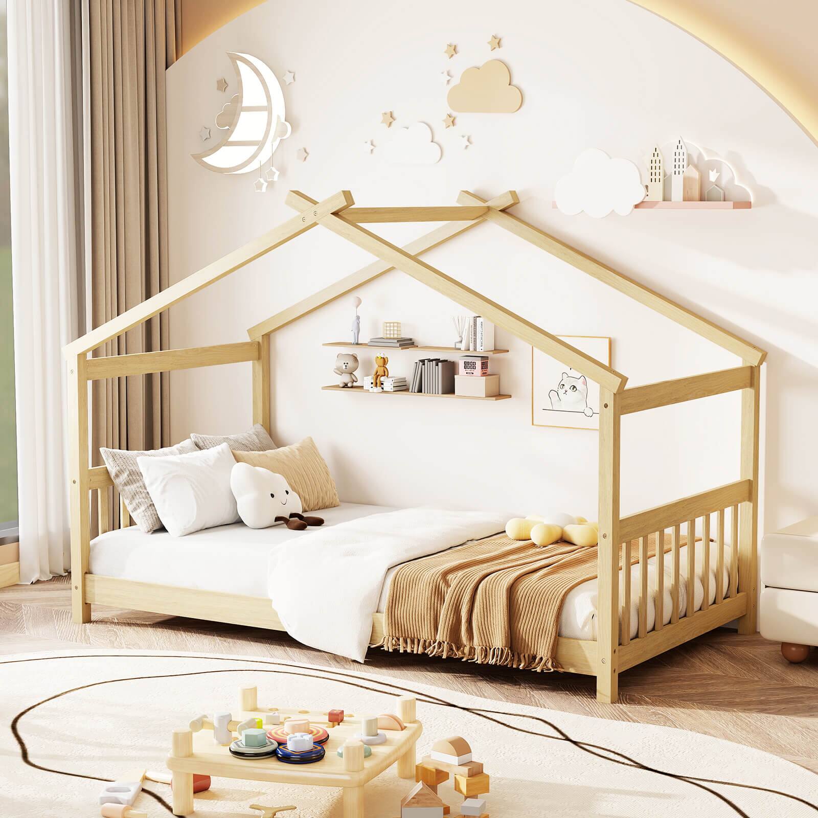 Alt View 5. Costway - Costway Twin Size House Bed with Roof Wooden Low Floor Bed No Box Spring Needed - Natural.