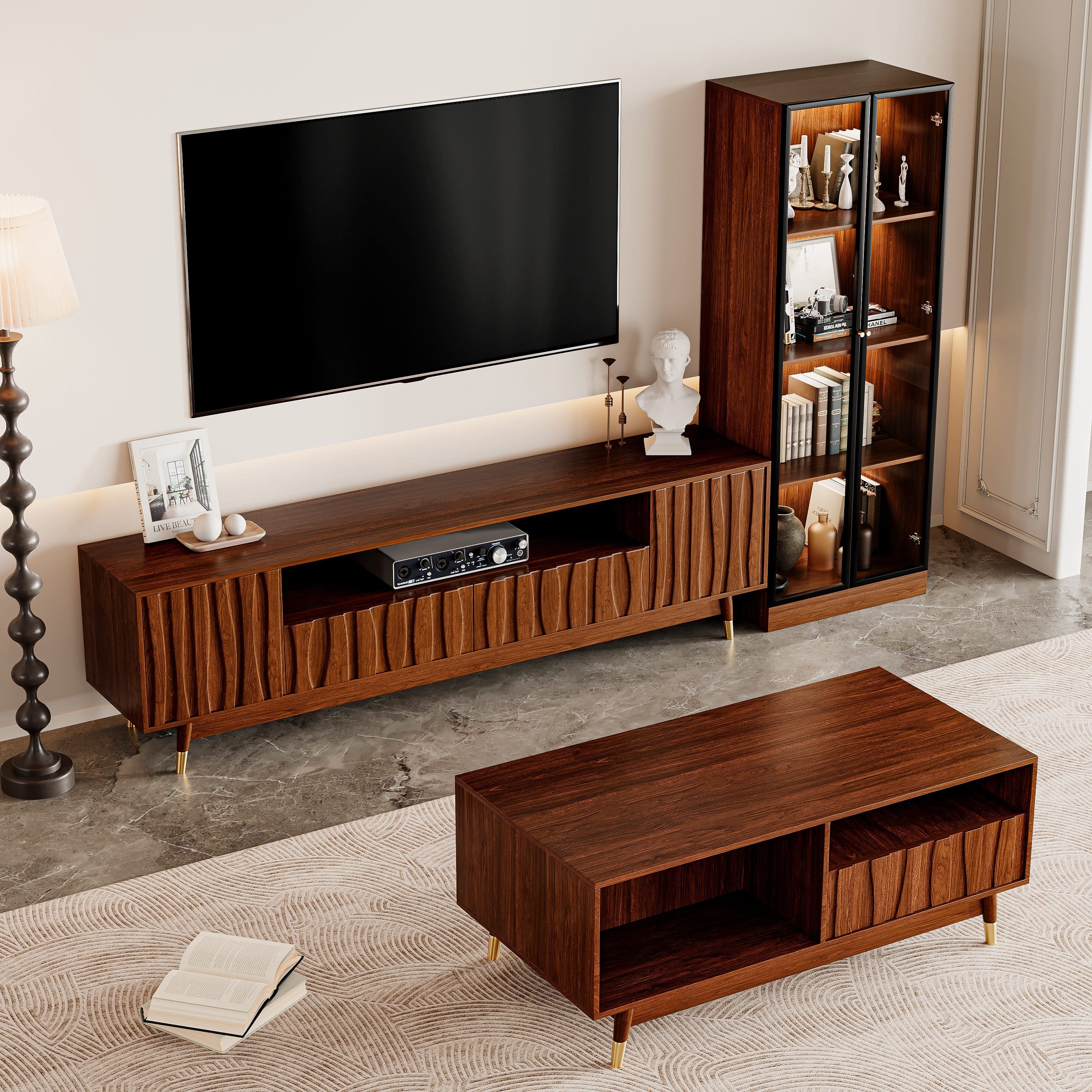 MSOOB - TV Stand, Glass Display Cabinet and Coffee Table, Walnut Mid-century Three-piece Set Entertainment Center up to 85" TVs - Brown