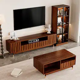 MSOOB - TV Stand, Glass Display Cabinet and Coffee Table, Walnut Mid-century Three-piece Set Entertainment Center up to 85" TVs - Brown